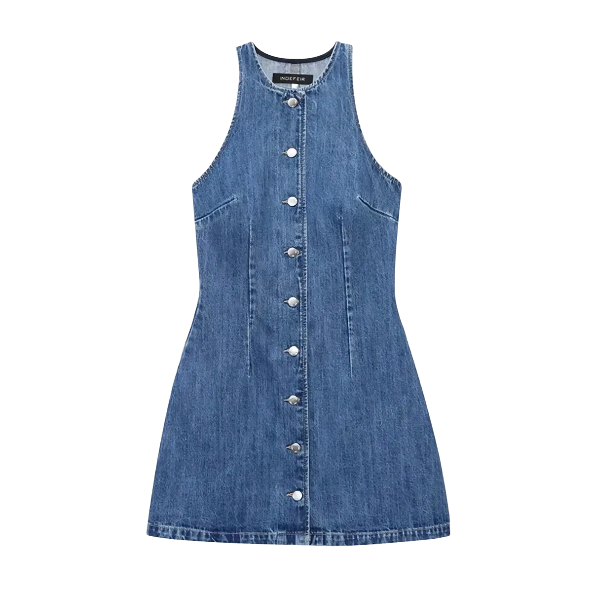 A sleeveless medium blue denim short dress with button front closure and two side pockets for casual wear