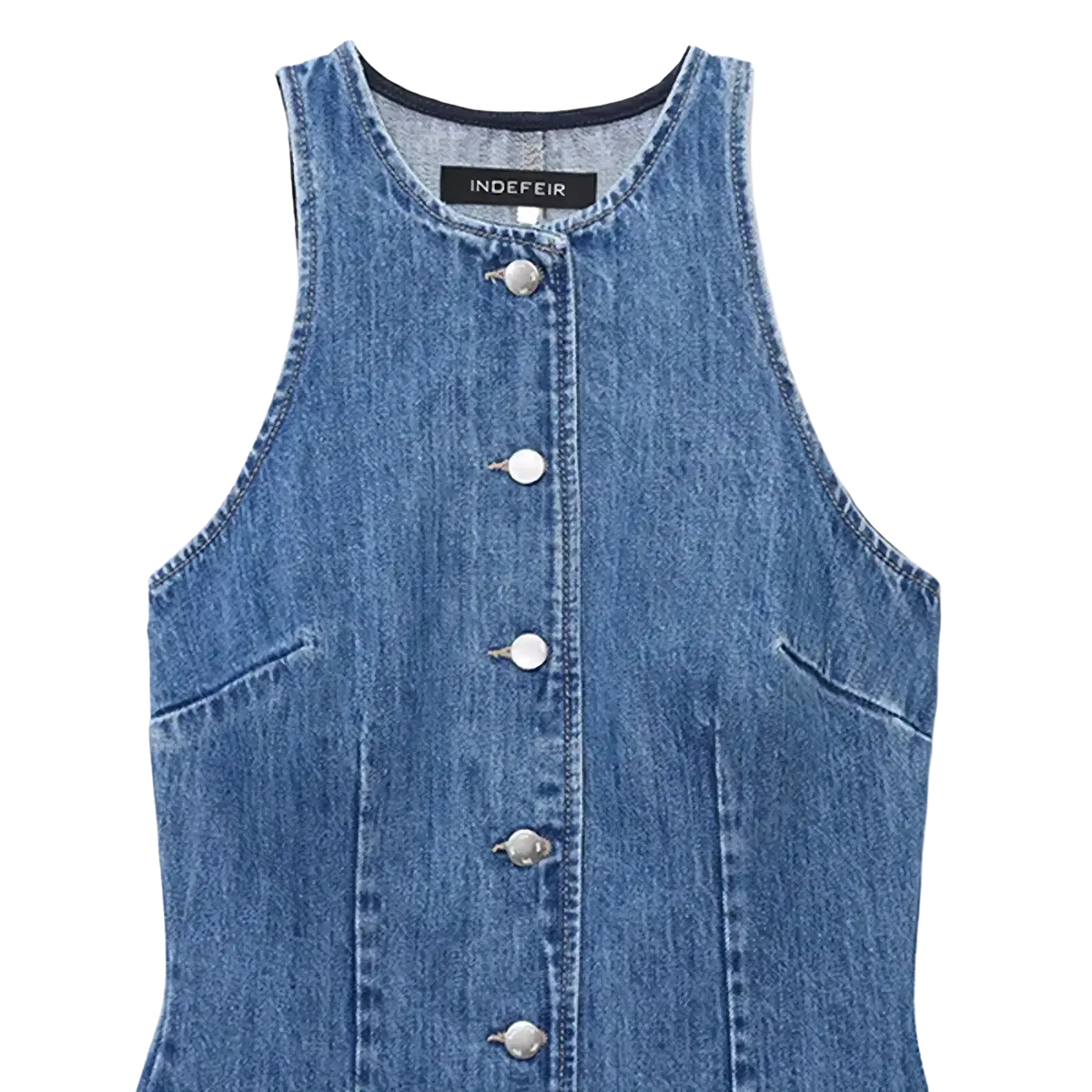 Blue denim sleeveless short dress with silver buttons and black brand tag at the neckline for casual wear