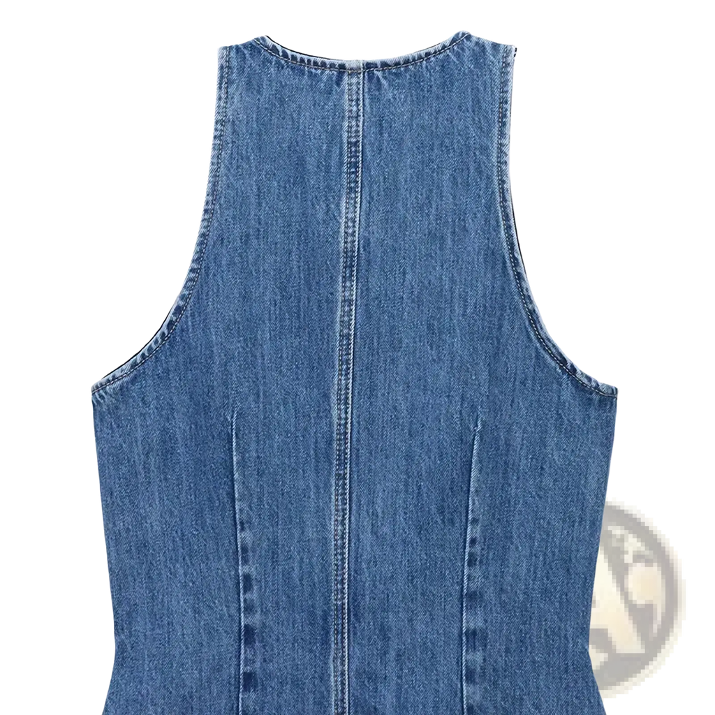 Blue denim sleeveless short dress casual with central back seam and subtle vertical stitching details on back side