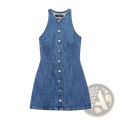 A sleeveless medium blue denim short dress with button front closure and two side pockets for casual wear