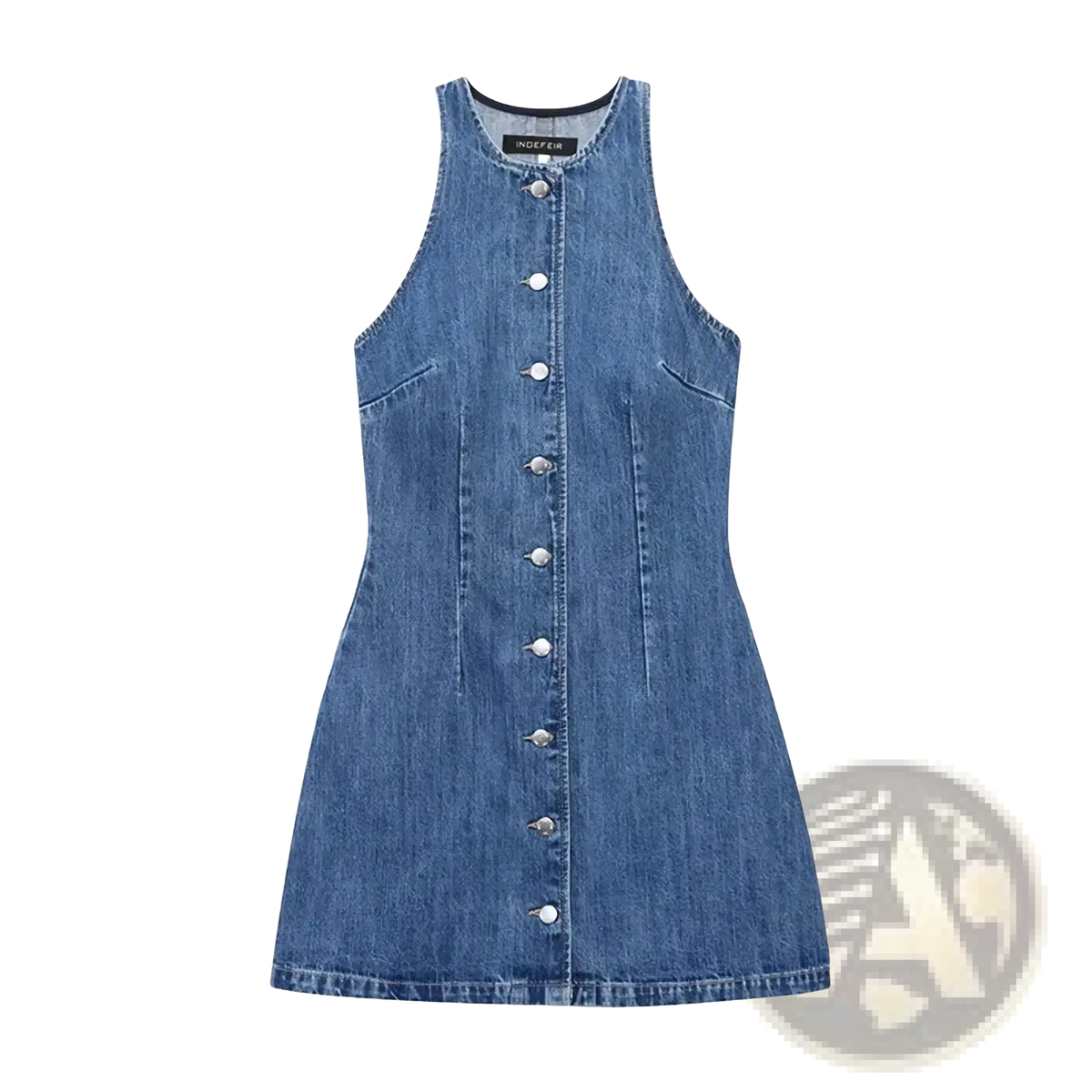 A sleeveless medium blue denim short dress with button front closure and two side pockets for casual wear