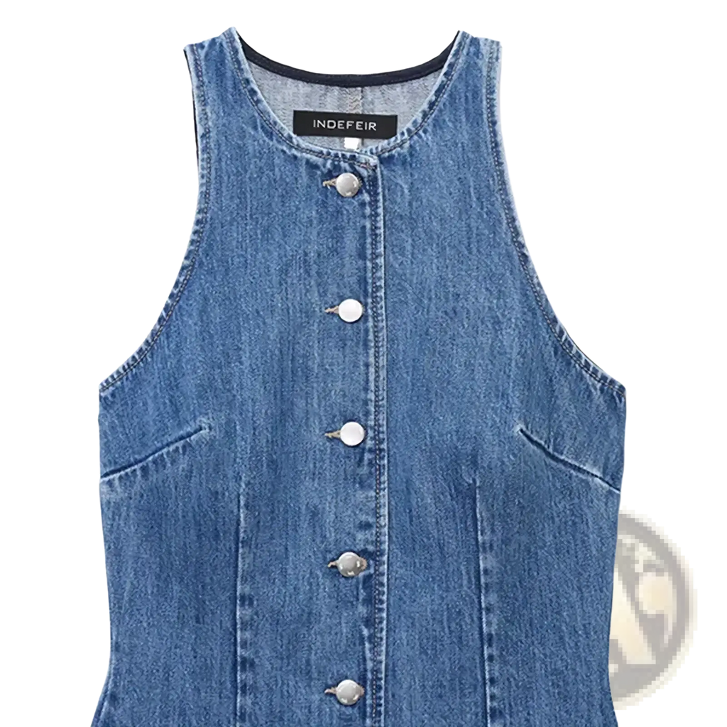 Blue denim sleeveless short dress with silver buttons and black brand tag at the neckline for casual wear
