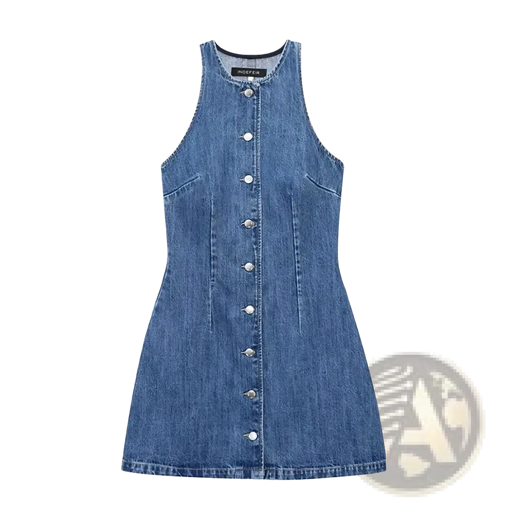 A sleeveless medium-wash denim short dress with button-front closure and subtle front pockets for casual wear