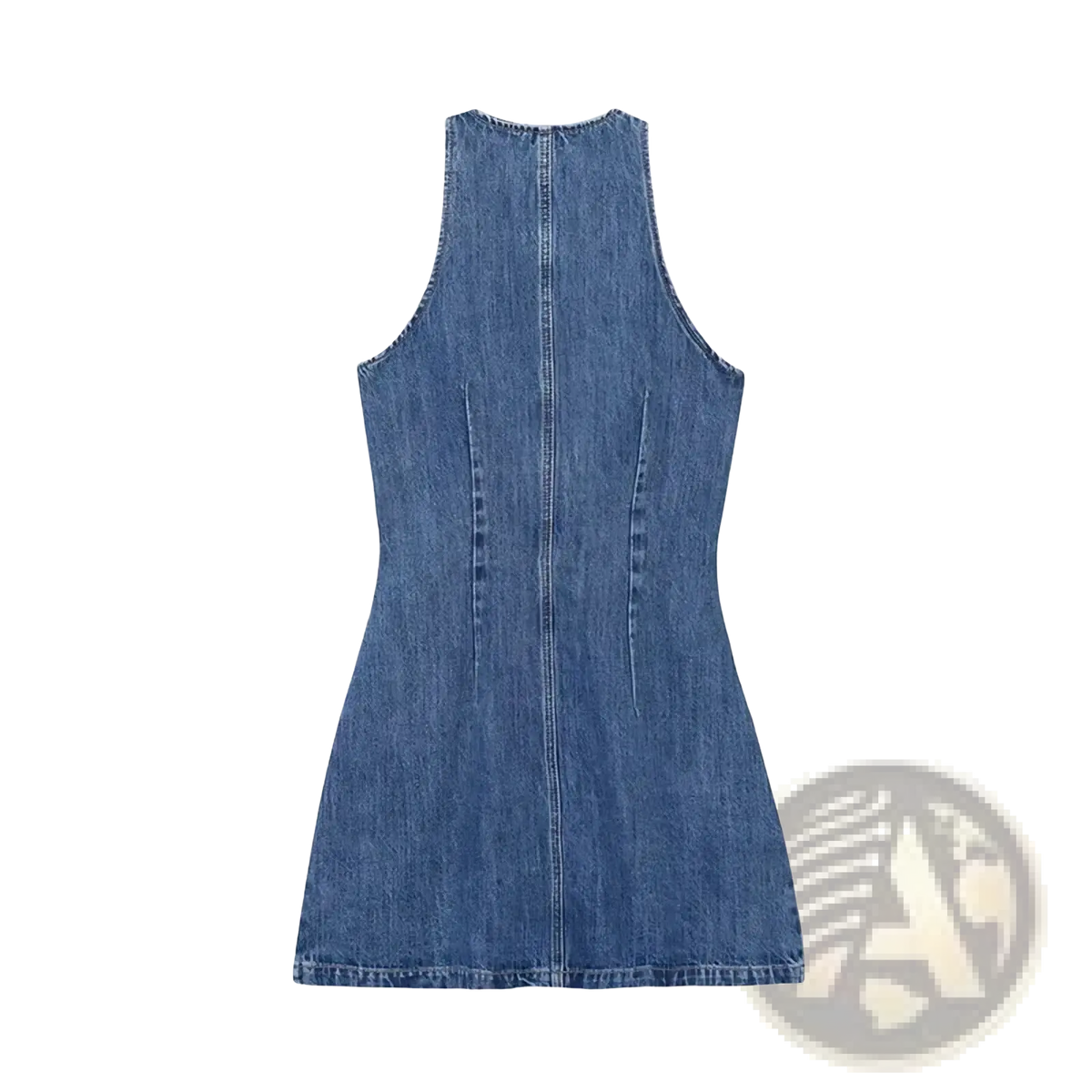 Denim short dress sleeveless in blue denim with back zipper and subtle side seam details for casual wear
