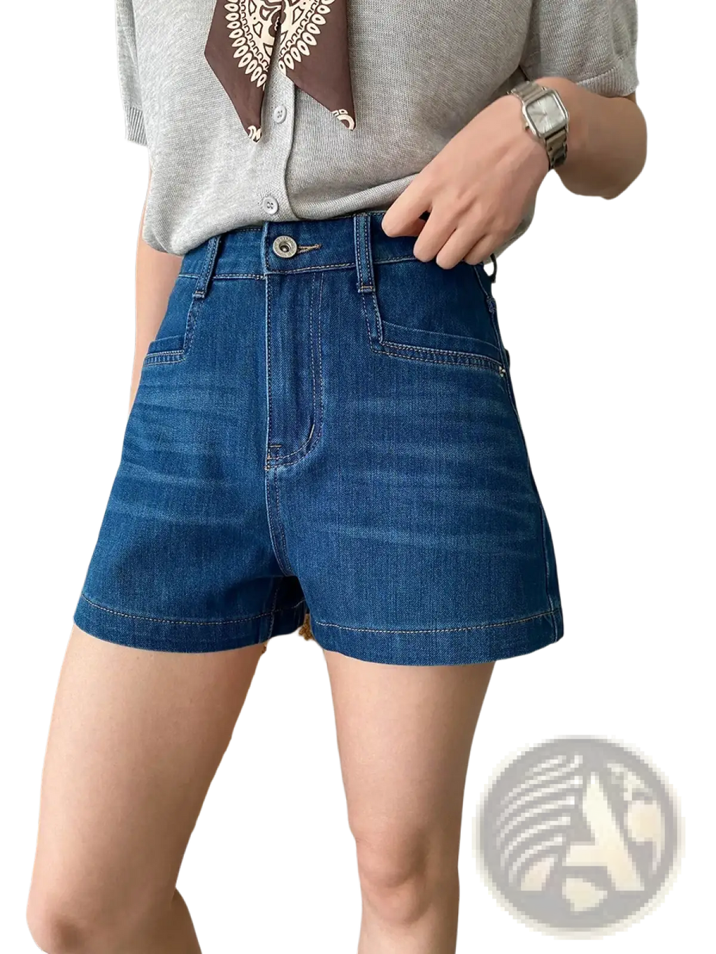 High-waisted blue denim shorts with a classic five-pocket design and button closure for casual women