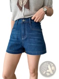 High-waisted blue denim shorts with a classic five-pocket design and button closure for casual women