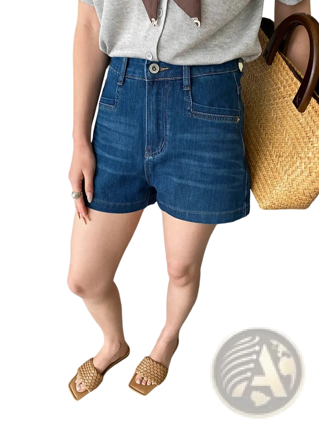 High-waisted dark blue denim shorts with classic five-pocket design and button closure for casual wear
