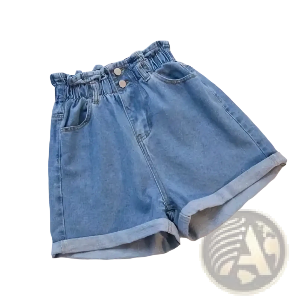 Denim shorts high waist rolled hem summer in light blue wash with rolled cuffs and two front pockets