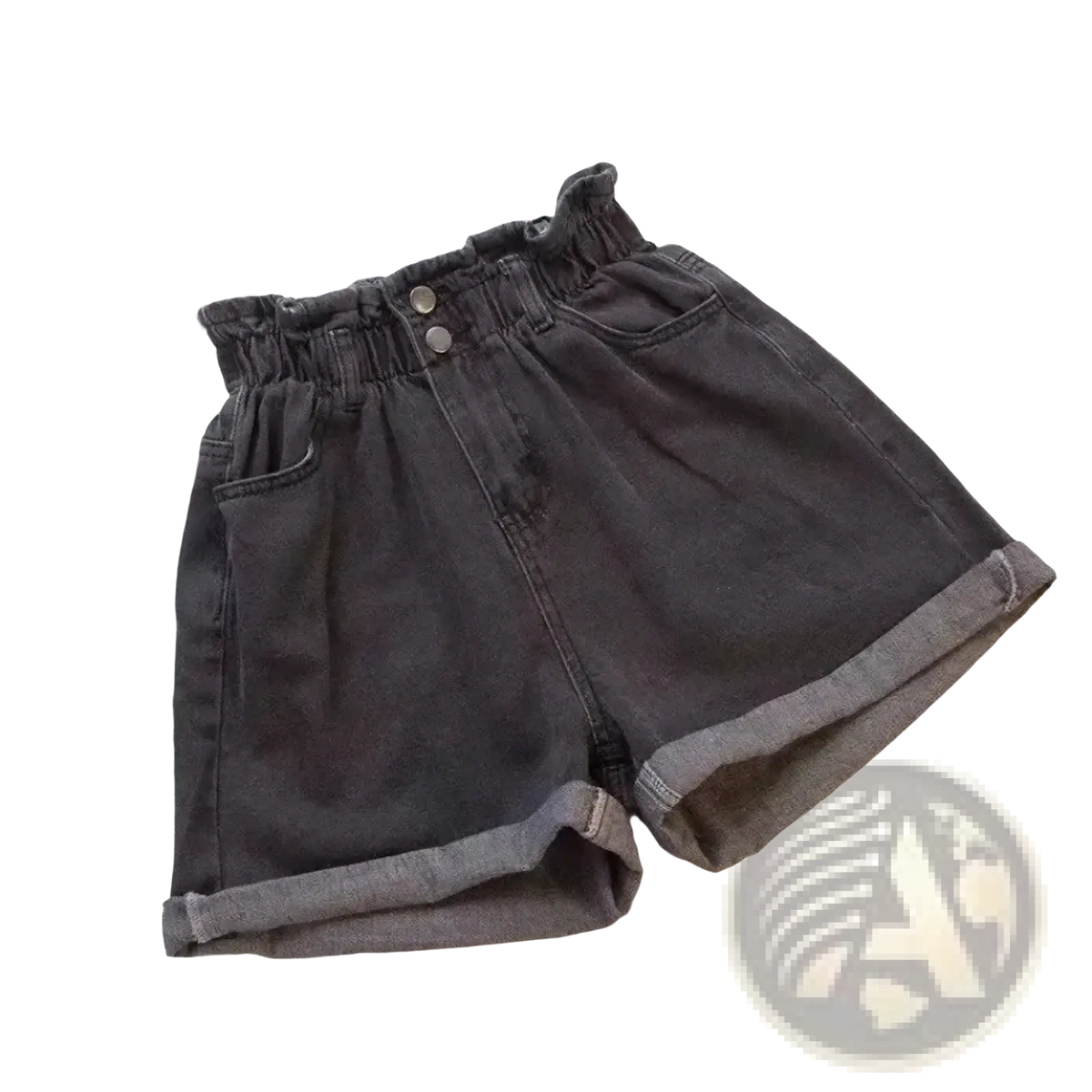 Dark gray denim shorts with high waist elastic waistband and rolled cuffs perfect for summer wear