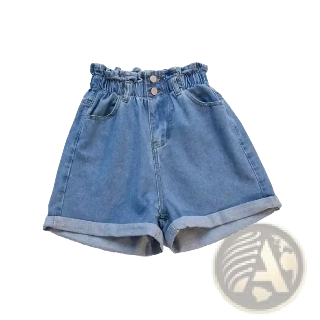 Light blue denim shorts with a high waist elastic waistband and rolled cuffs for summer wear