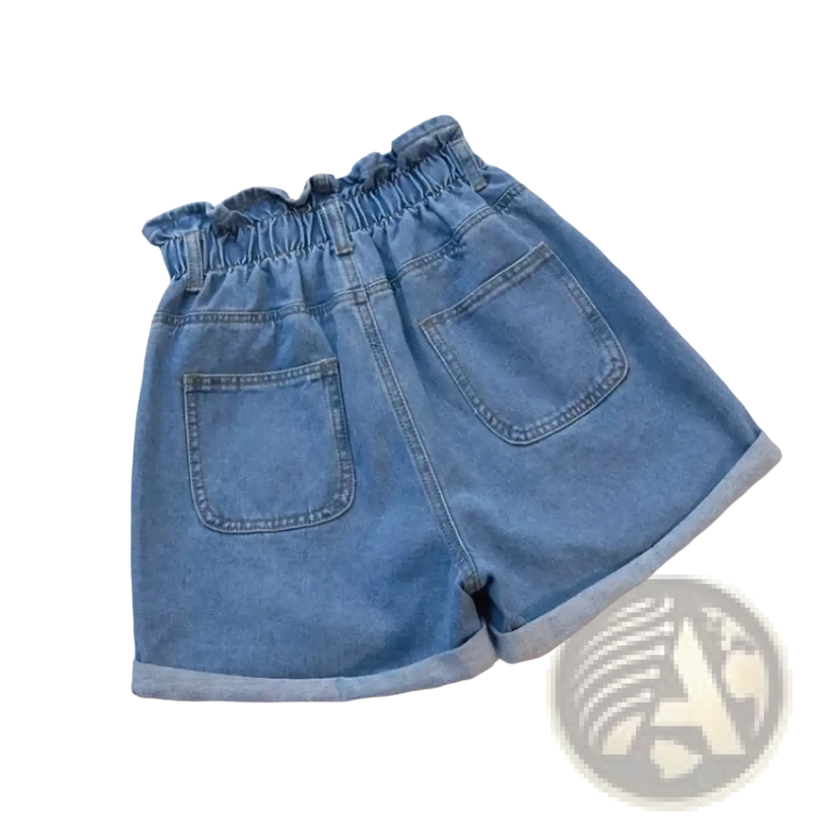 Light blue denim shorts with gathered high waist and rolled cuffs ideal for summer wear