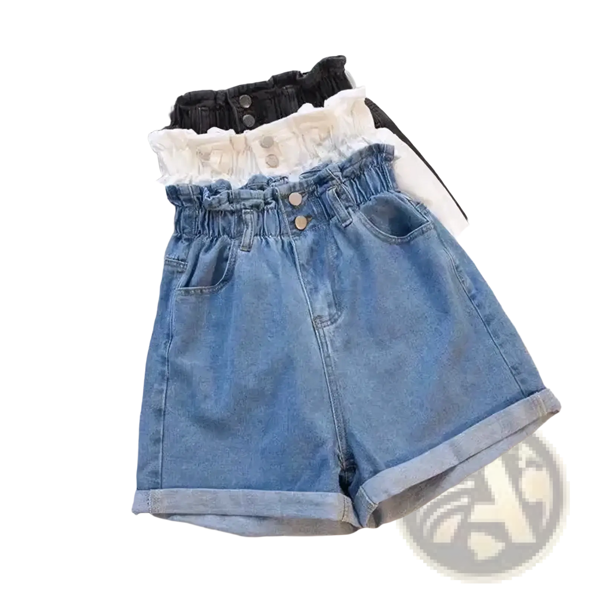 Light-wash denim shorts with a high waist elasticated band and rolled cuffs for summer wear