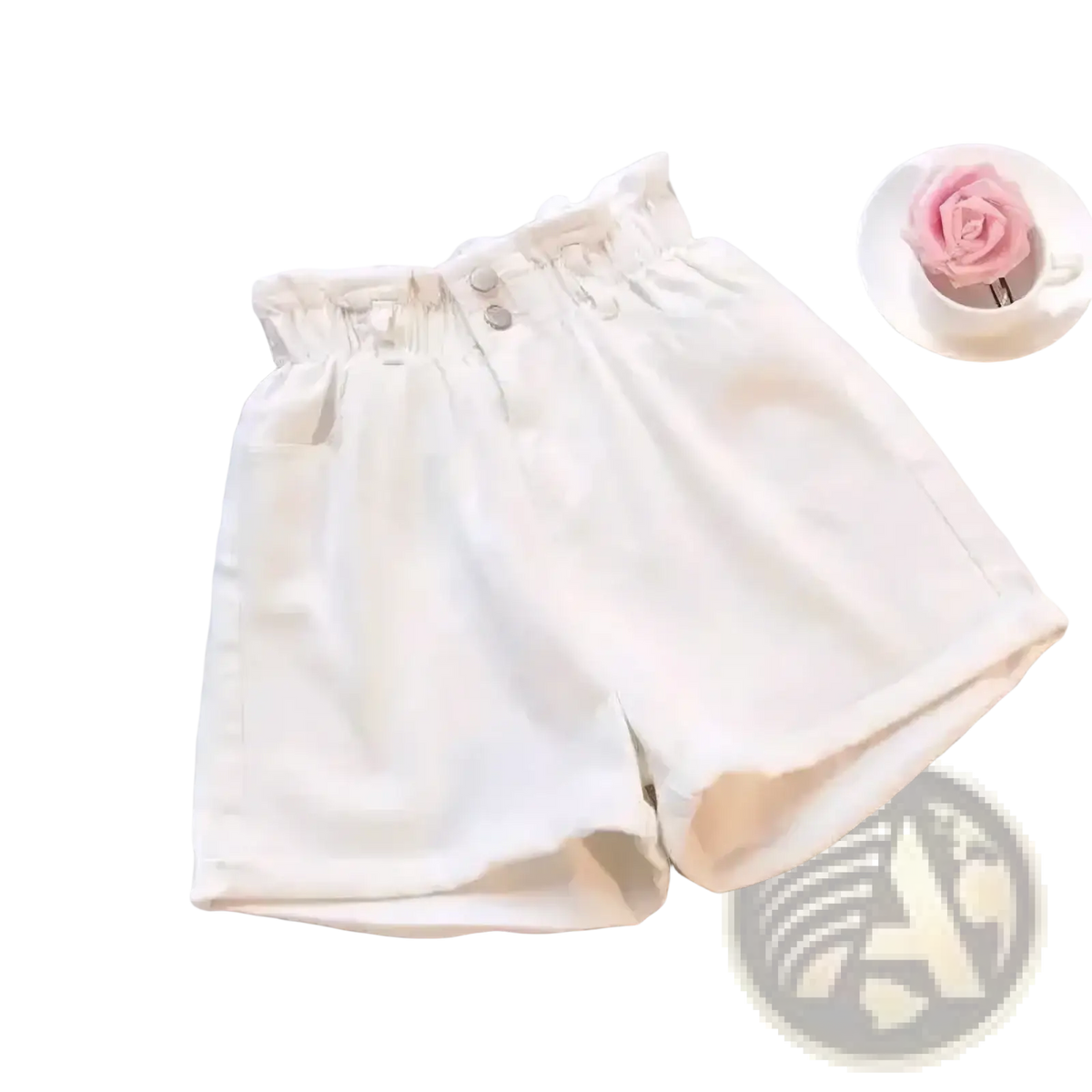 Off-white high-waisted denim shorts with gathered waistband and two front buttons for summer wear