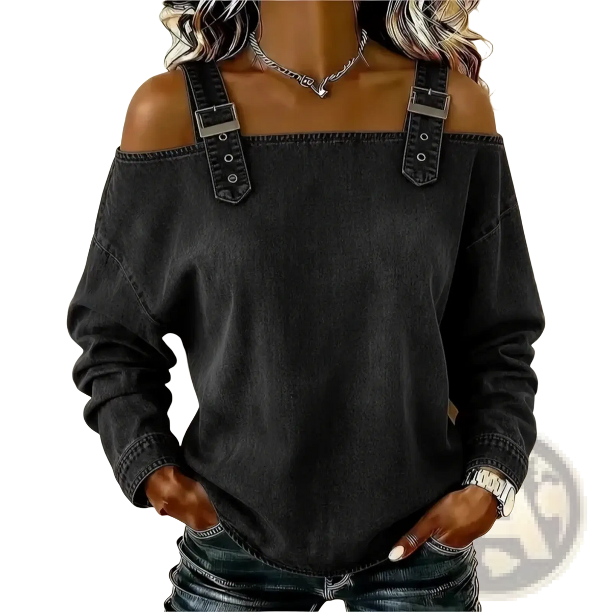 Black denim off shoulder blouse with adjustable tie strap buckles showcasing the back side of the top