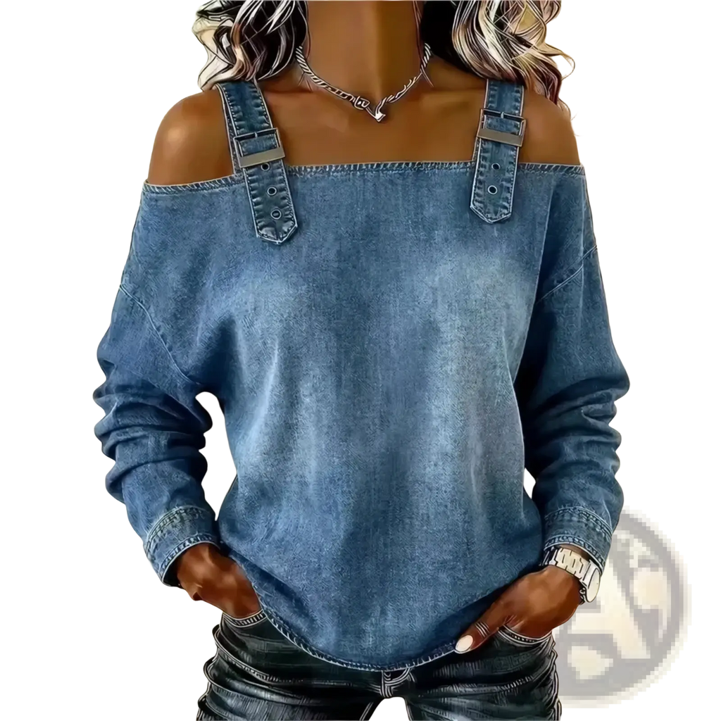 Blue denim off shoulder blouse with adjustable tie straps showcasing a stylish casual top design