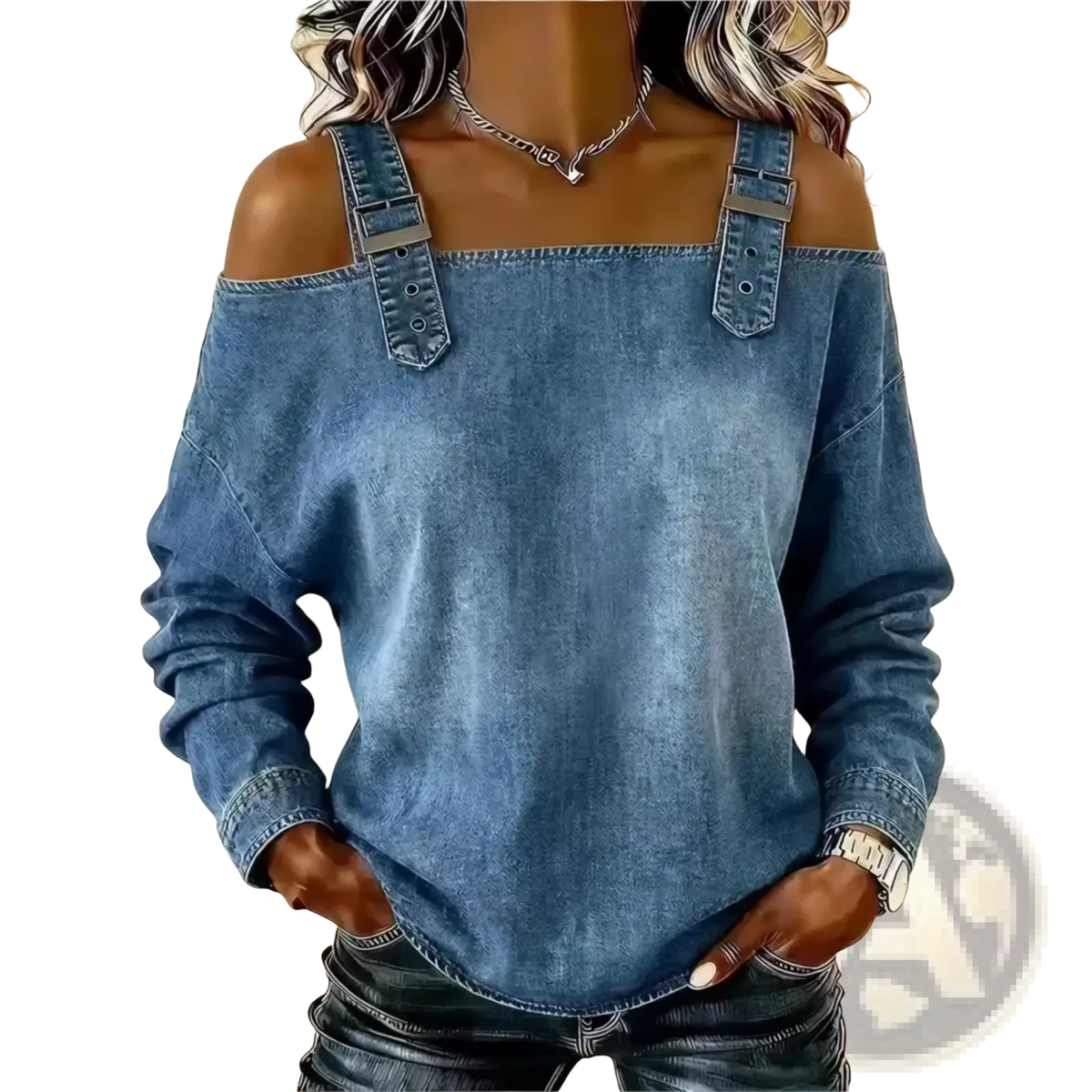 Blue denim off shoulder blouse with adjustable tie straps showcasing a stylish casual top design
