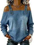 Blue denim off shoulder tie strap blouse featuring adjustable strap details in a casual blouse style