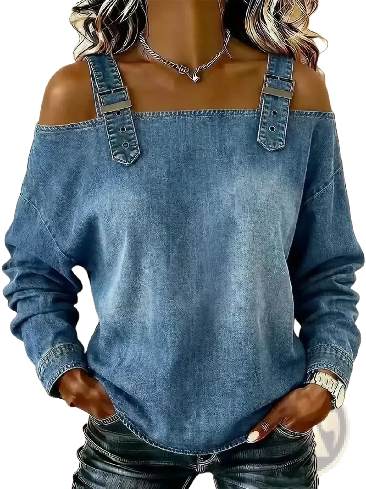 Blue denim off shoulder tie strap blouse featuring adjustable strap details in a casual blouse style