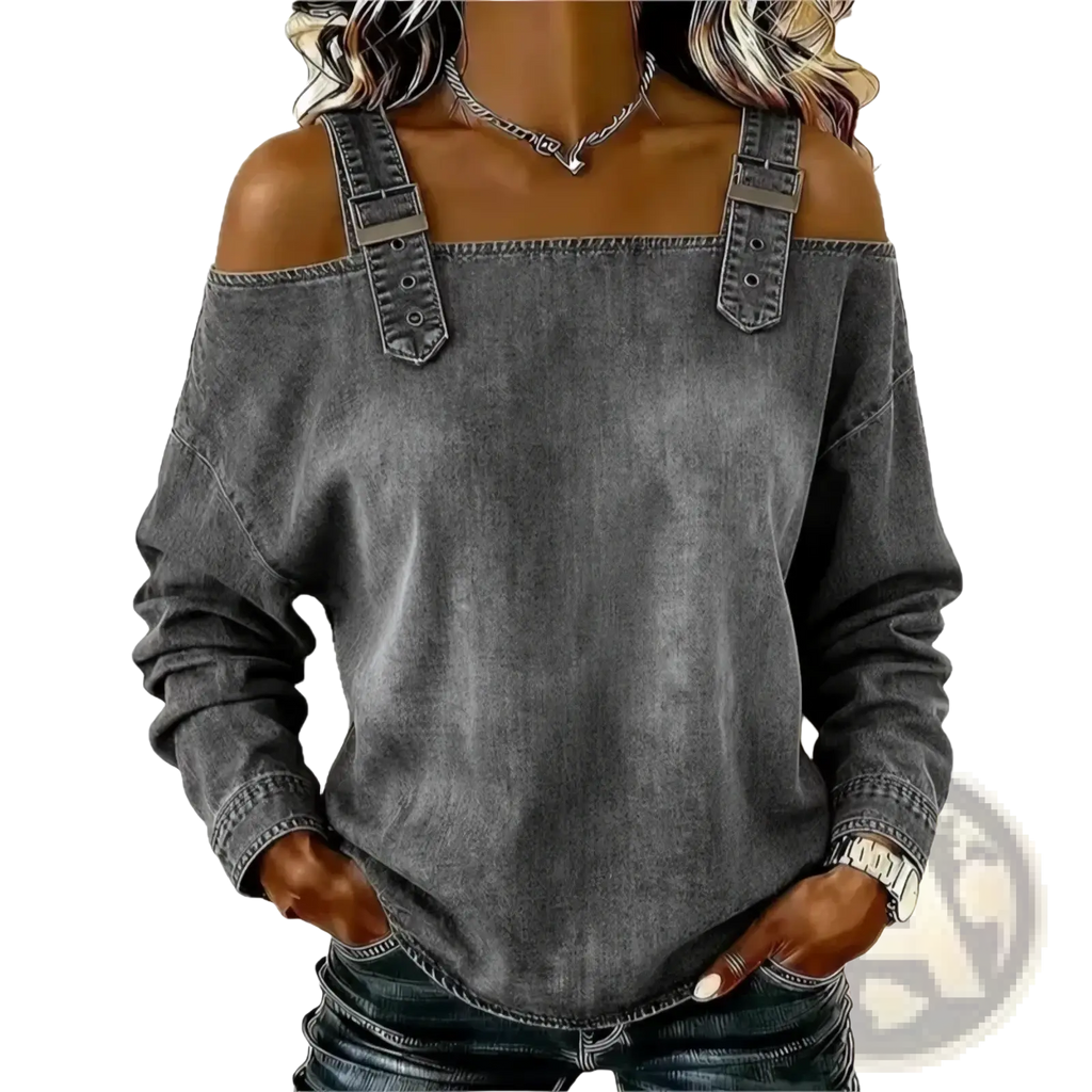 Dark gray denim off-shoulder blouse with adjustable tie strap details for a stylish casual look