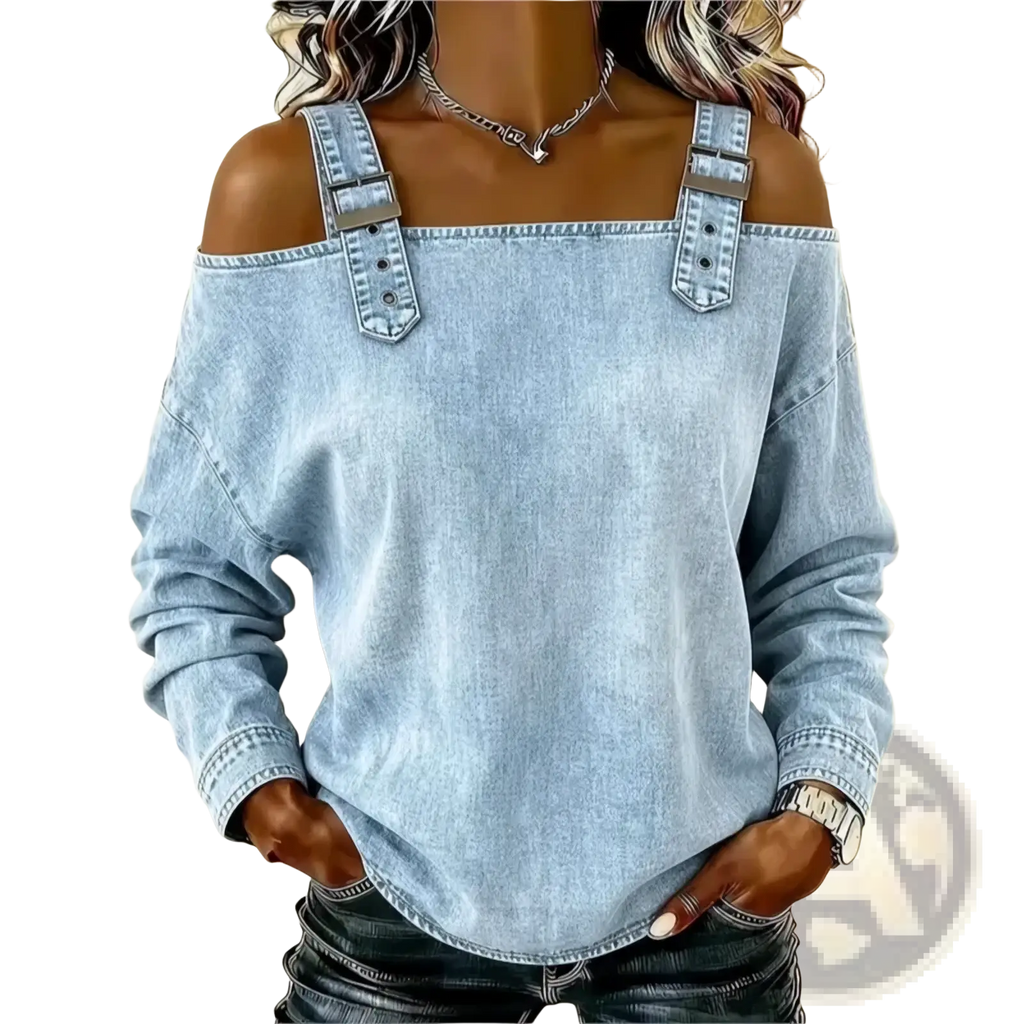 Light blue denim off shoulder tie strap blouse with adjustable strap buckles made of denim fabric