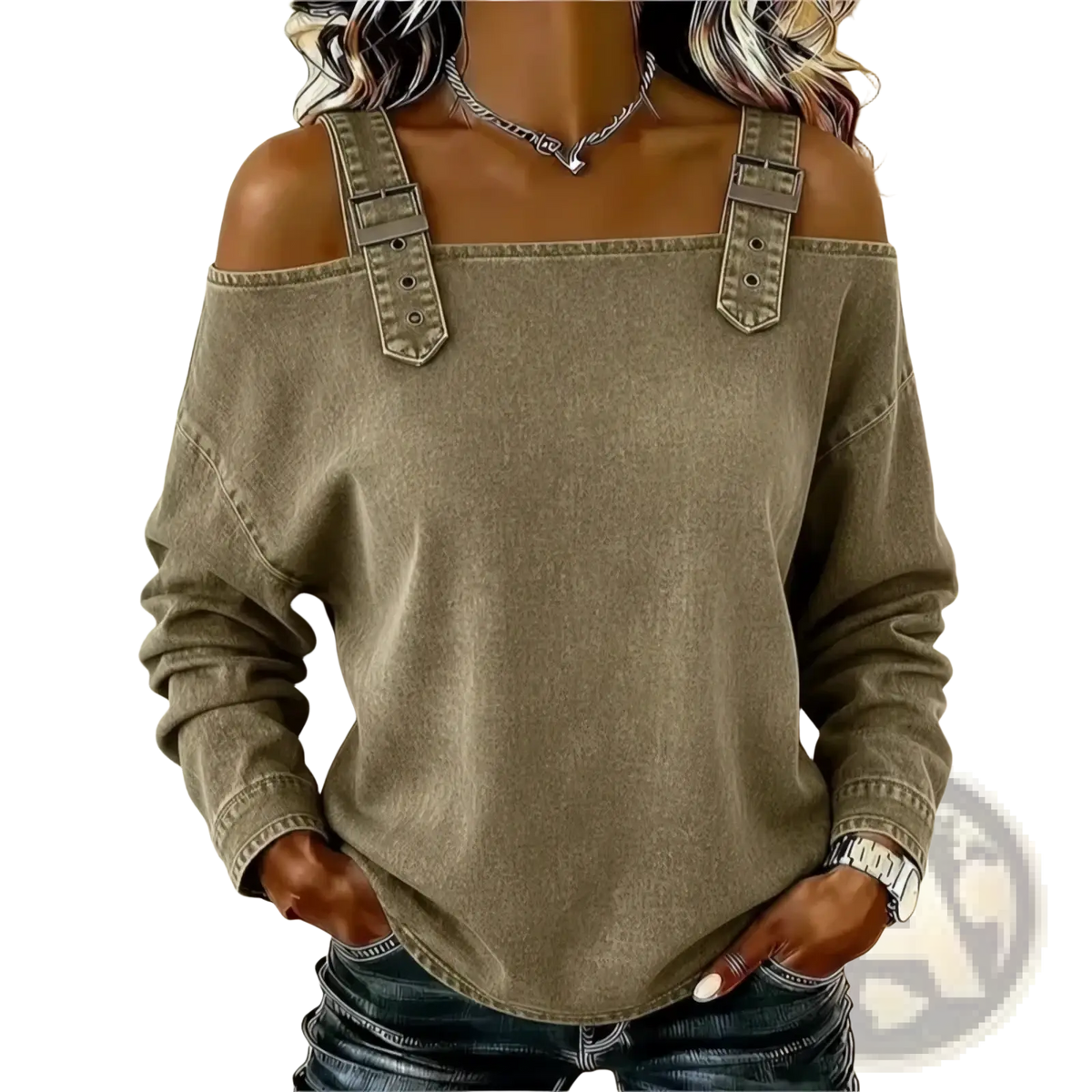 Olive green denim off-shoulder tie strap blouse with adjustable straps and denim material in a front view