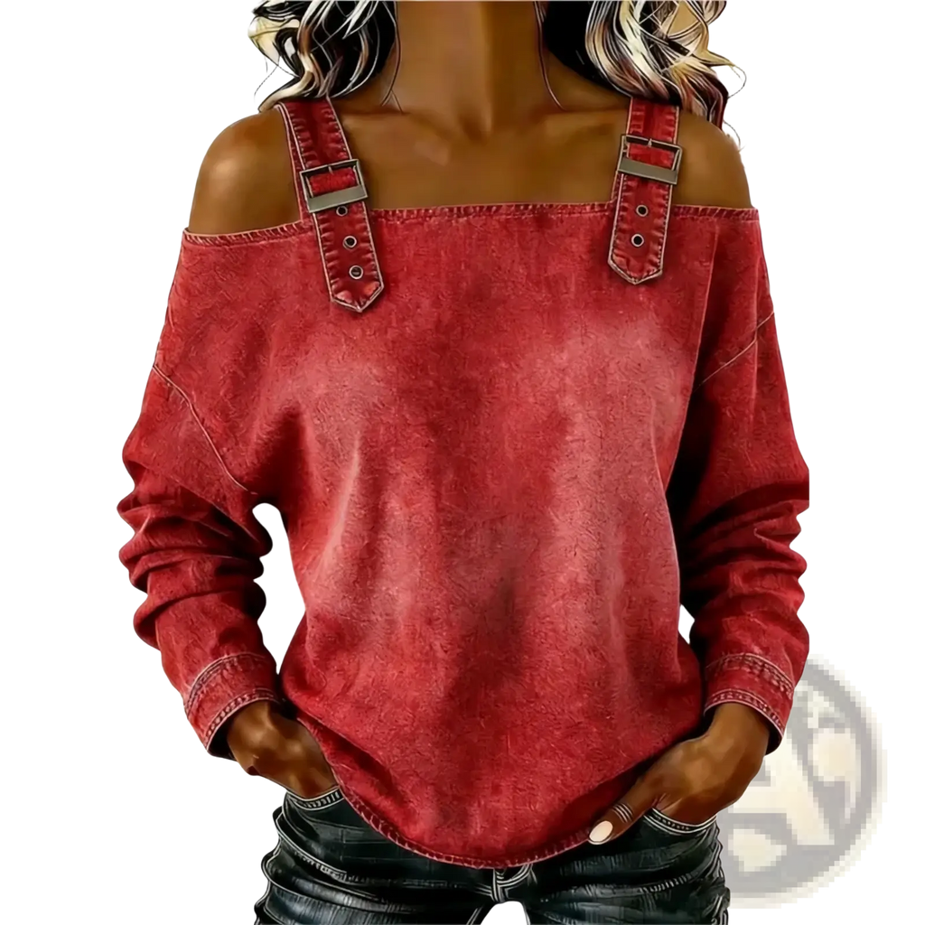 Red denim off shoulder tie strap blouse featuring adjustable strap buckles for a customizable fit