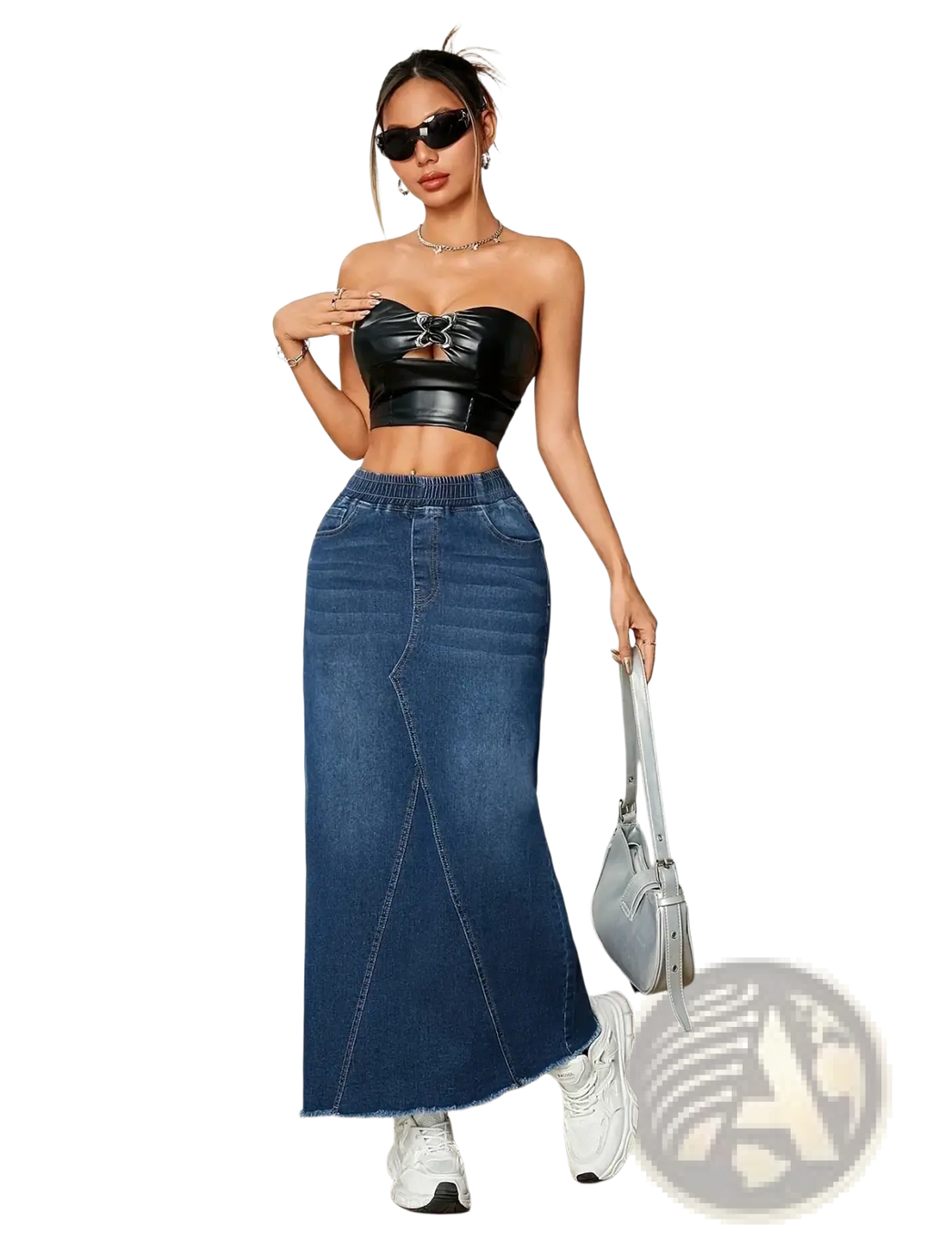 Black faux leather strapless crop top with central bow detail paired with denim skirt stretchy elastic waist long frayed