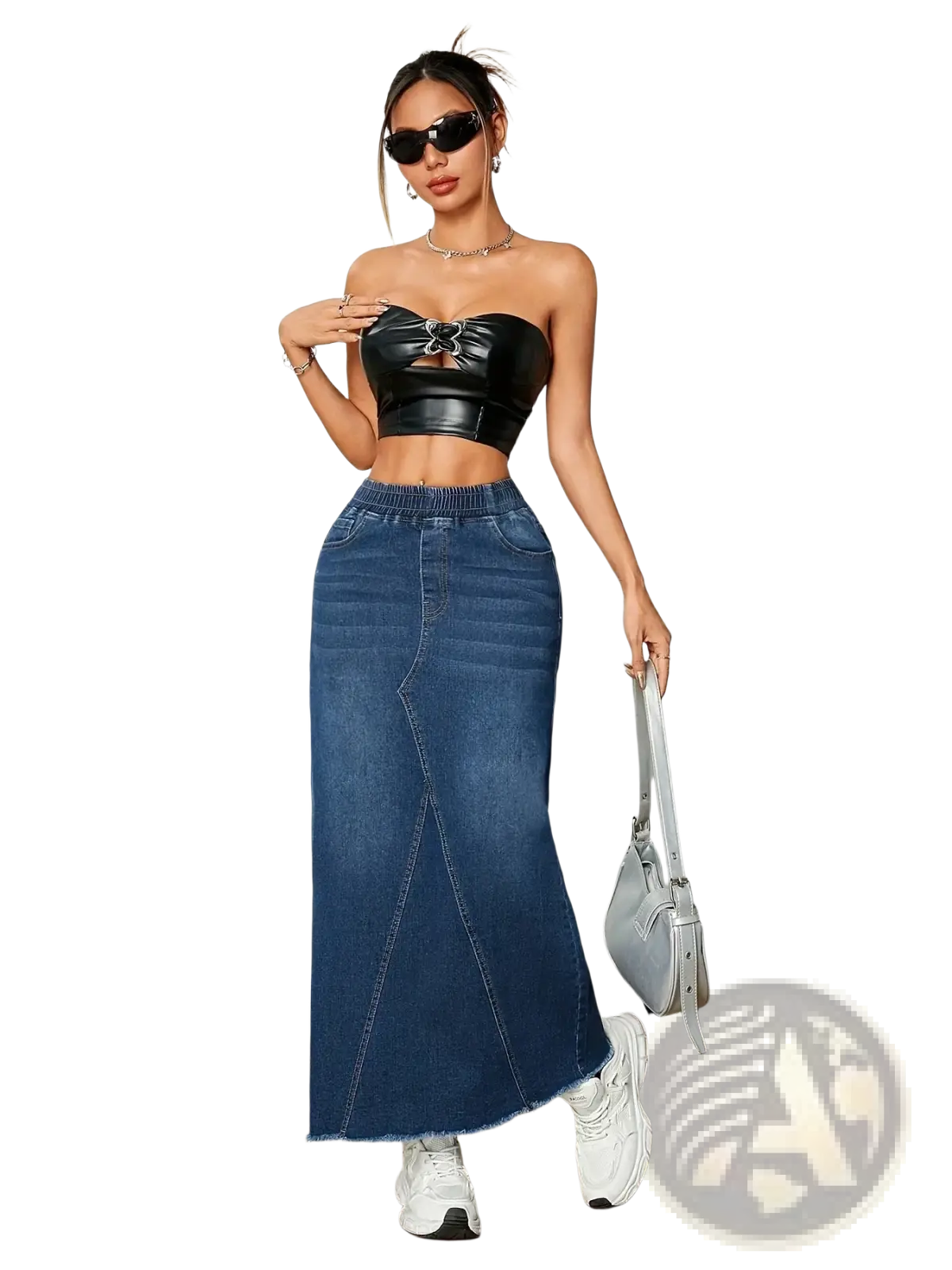 Black faux leather strapless crop top with central bow detail paired with denim skirt stretchy elastic waist long frayed