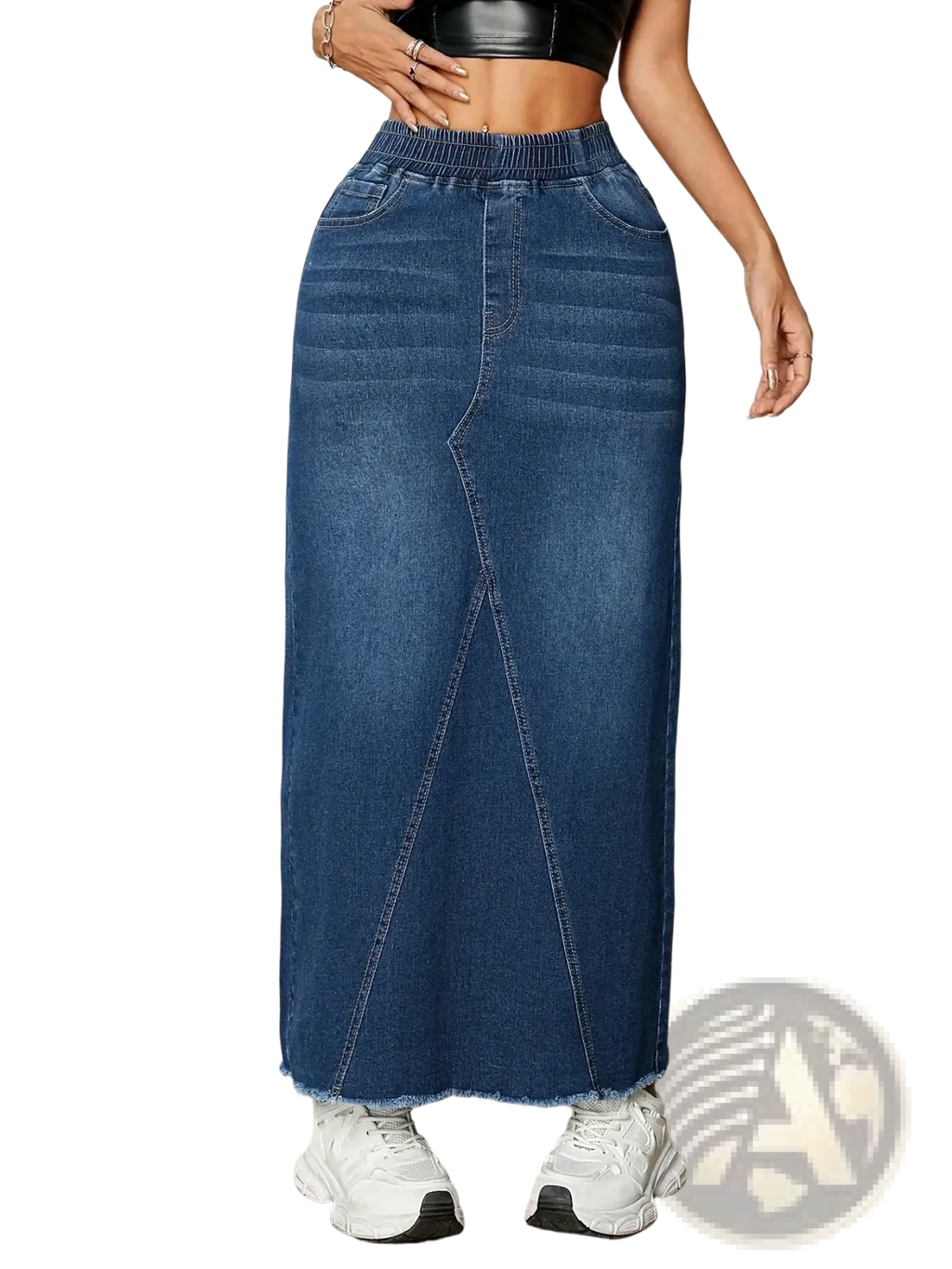 A mid-rise blue denim maxi skirt with stretchy elastic waist diagonal seams and a frayed hem detail