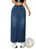 A mid-rise blue denim maxi skirt with stretchy elastic waist diagonal seams and a frayed hem detail
