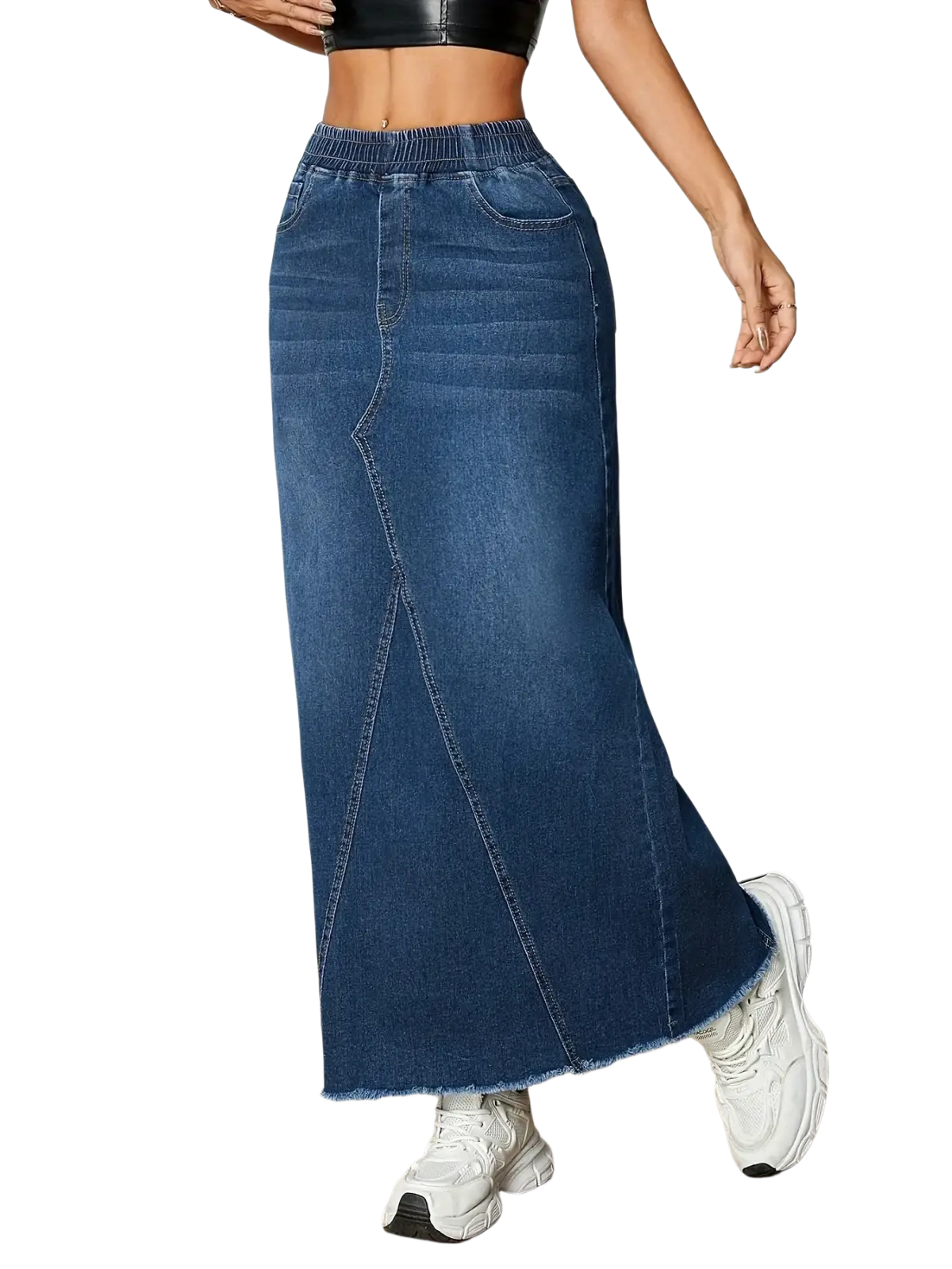 Mid-rise denim skirt with stretchy elastic waist long frayed edges and a flared asymmetrical hem in blue denim