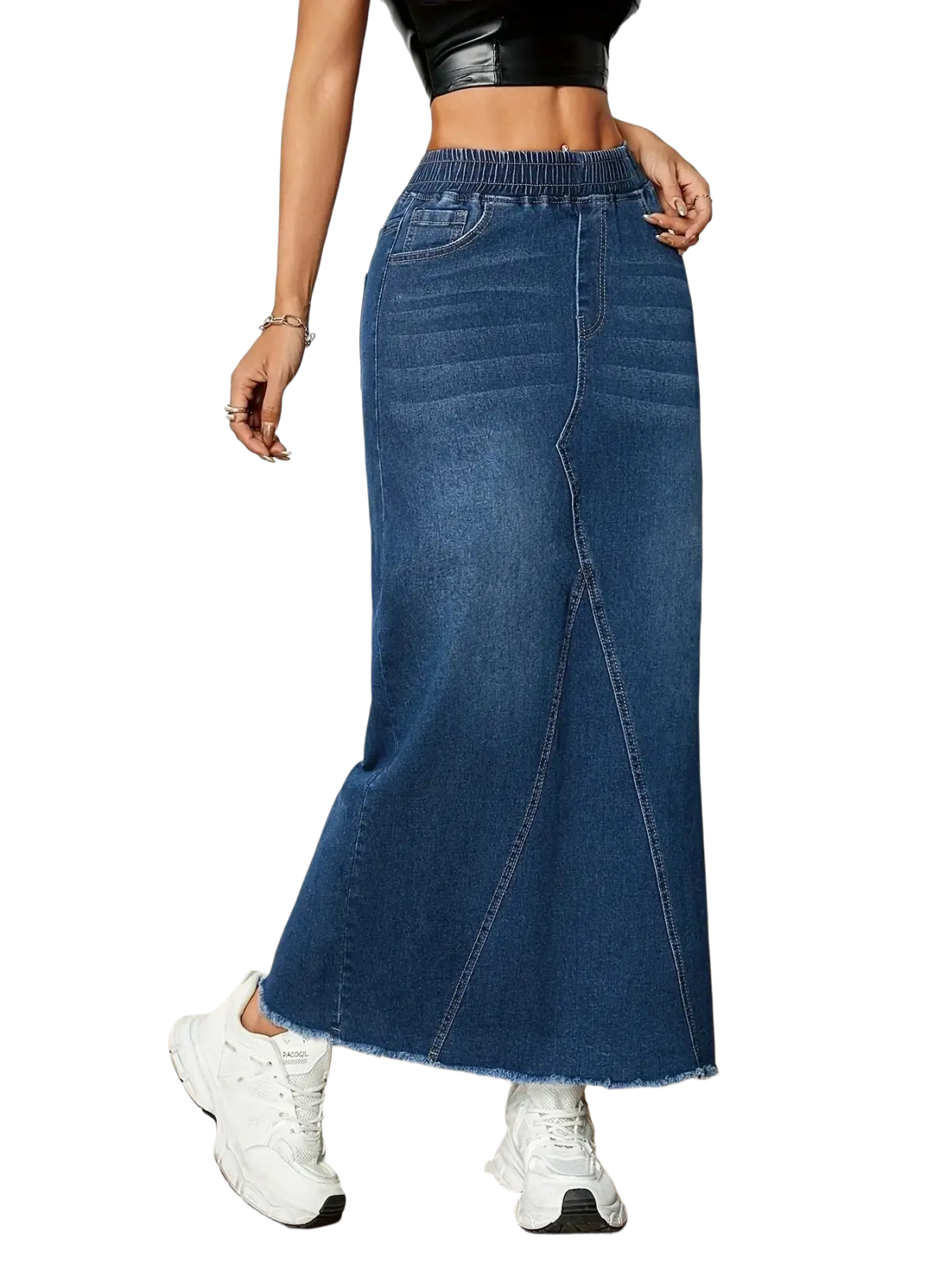 A mid-thigh length blue denim skirt with a high-waisted elastic waistband and frayed hem for casual wear