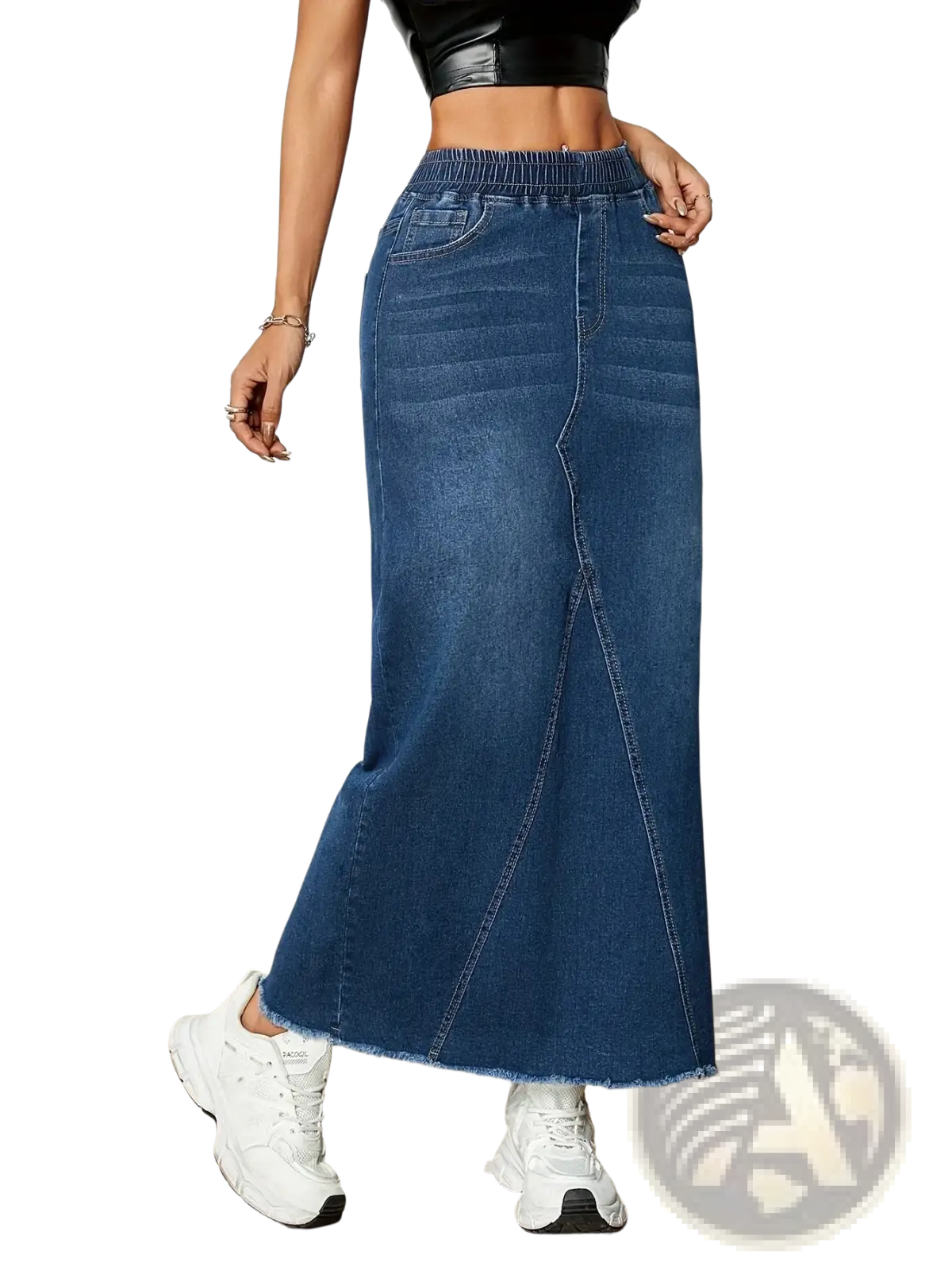 A mid-thigh length blue denim skirt with a high-waisted elastic waistband and frayed hem for casual wear
