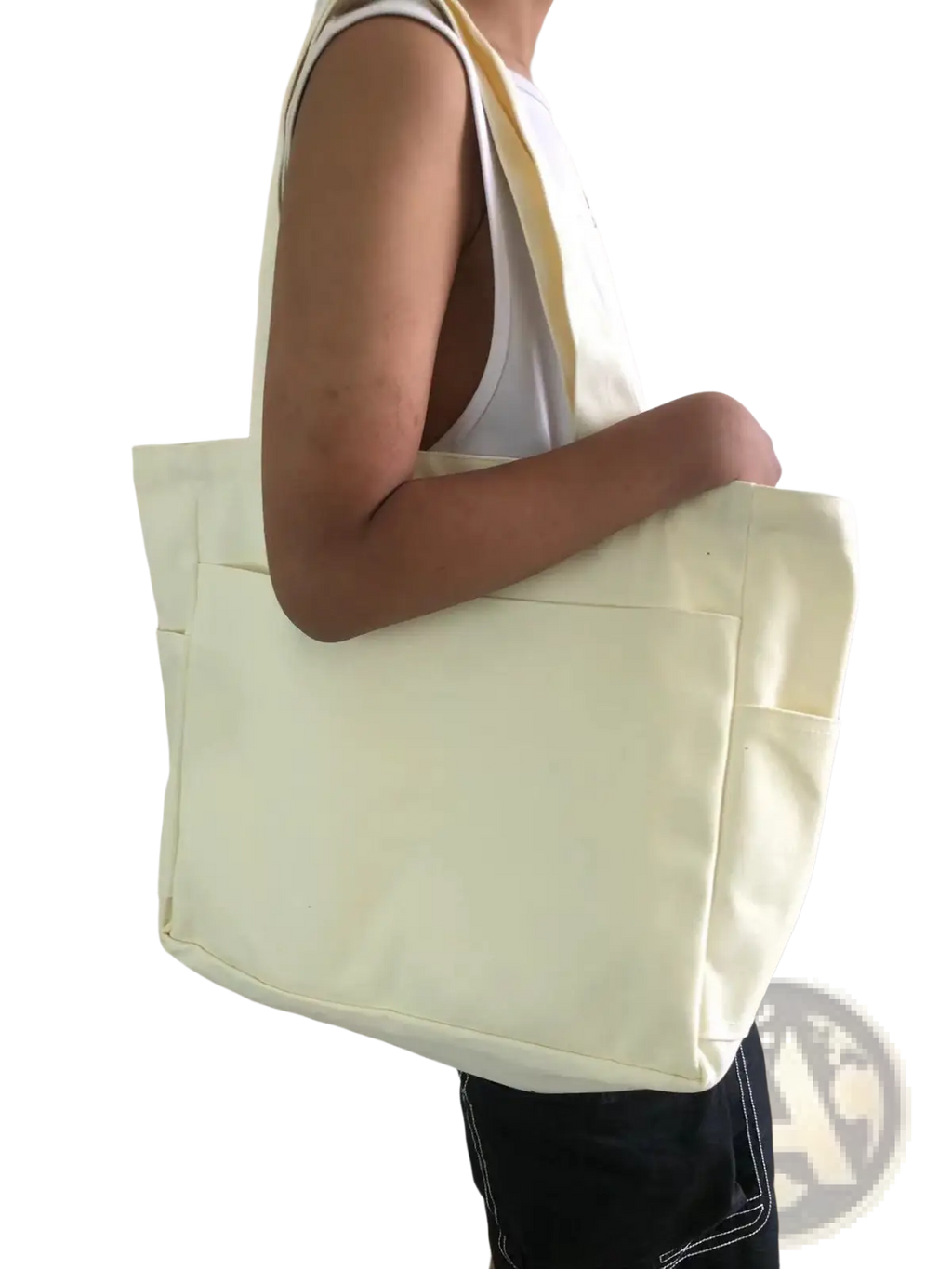 Cream-colored canvas denim tote bag with large capacity and single shoulder strap by Alma Latina