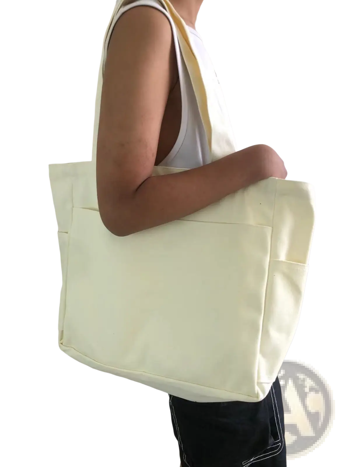 Cream-colored canvas denim tote bag with large capacity and single shoulder strap by Alma Latina