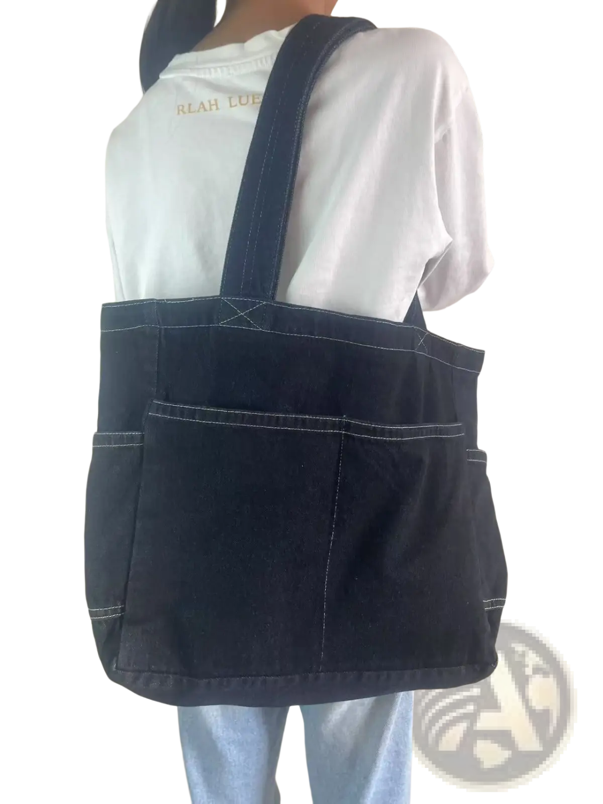 Black denim tote bag large capacity alma latina shoulder bag with contrasting white stitching and two front pockets