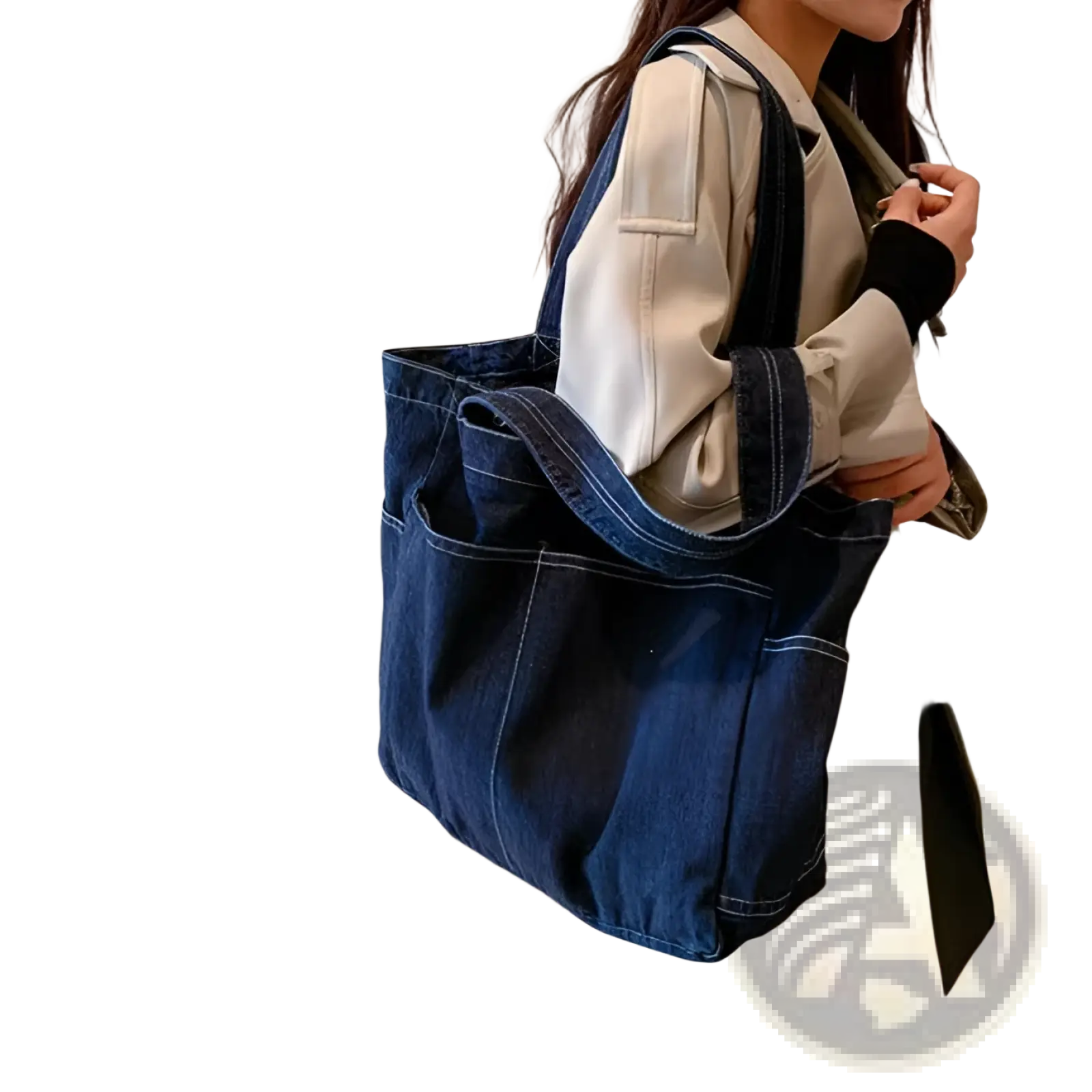 Navy blue denim tote bag with large capacity and reinforced stitching perfect for casual shoulder use