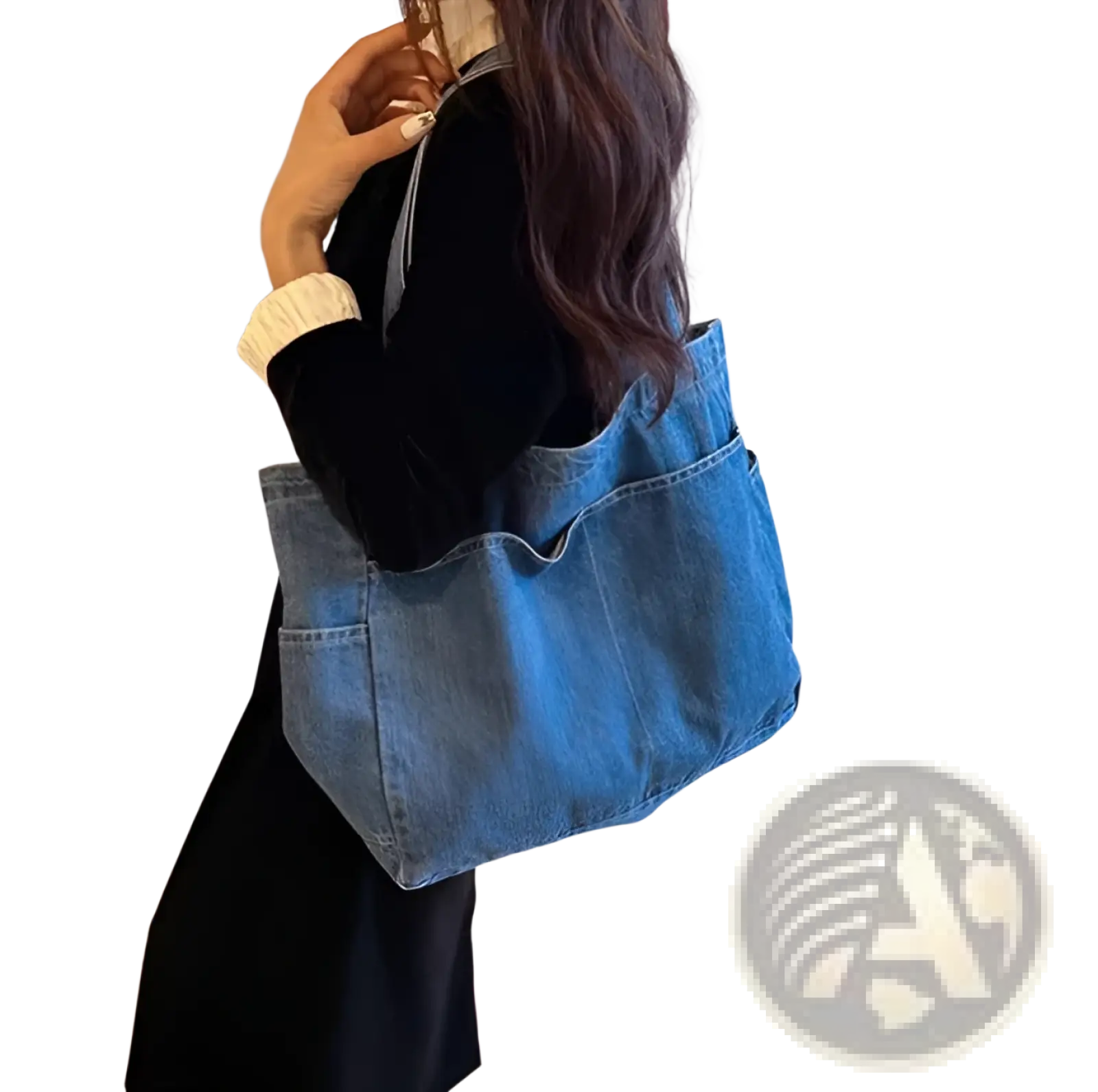Blue denim tote bag alma latina with multiple front pockets and sturdy shoulder strap large capacity