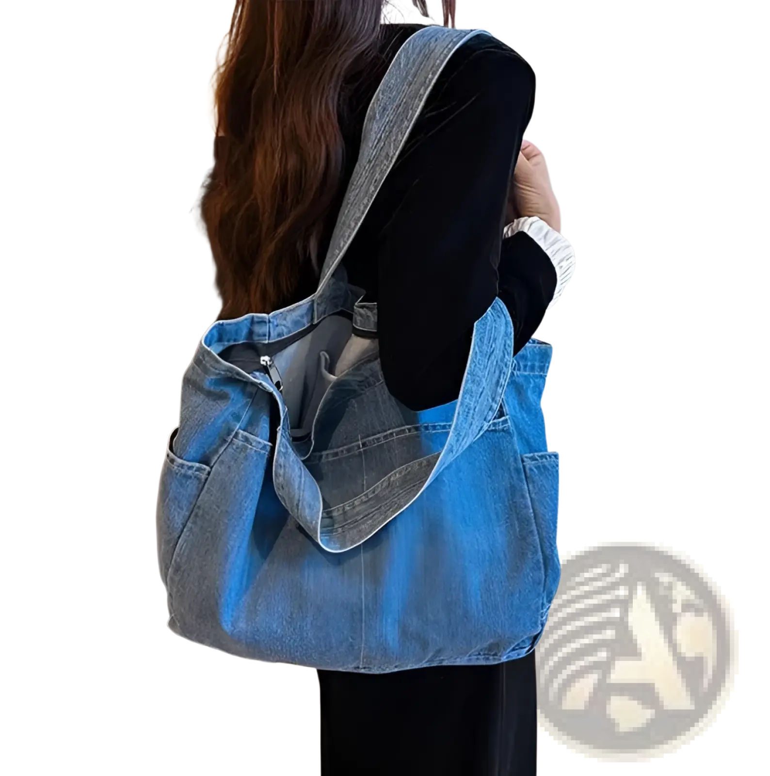 Blue denim tote bag with large capacity front pockets and single shoulder strap by alma latina