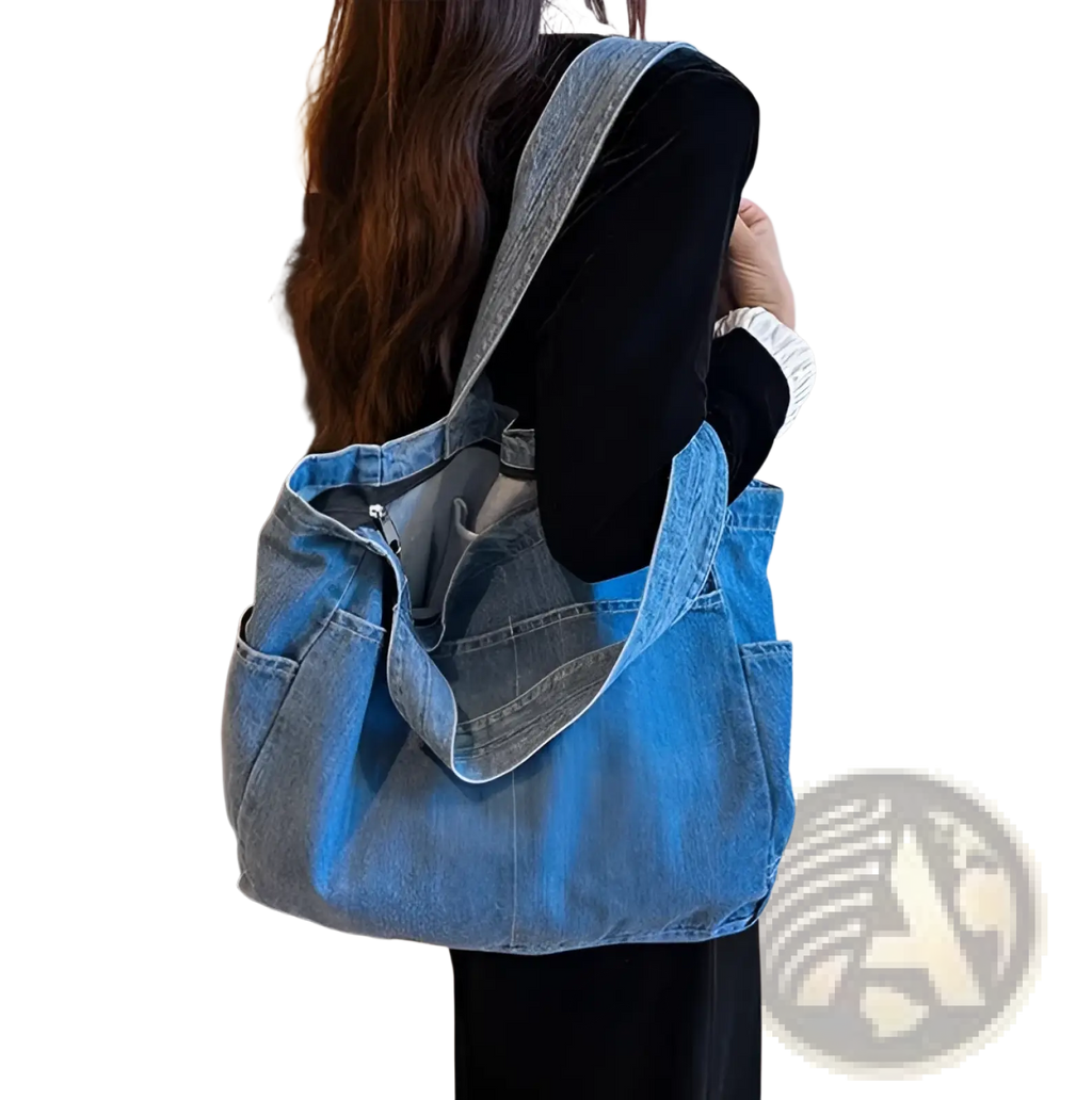 Blue denim tote bag with large capacity front pockets and single shoulder strap by alma latina