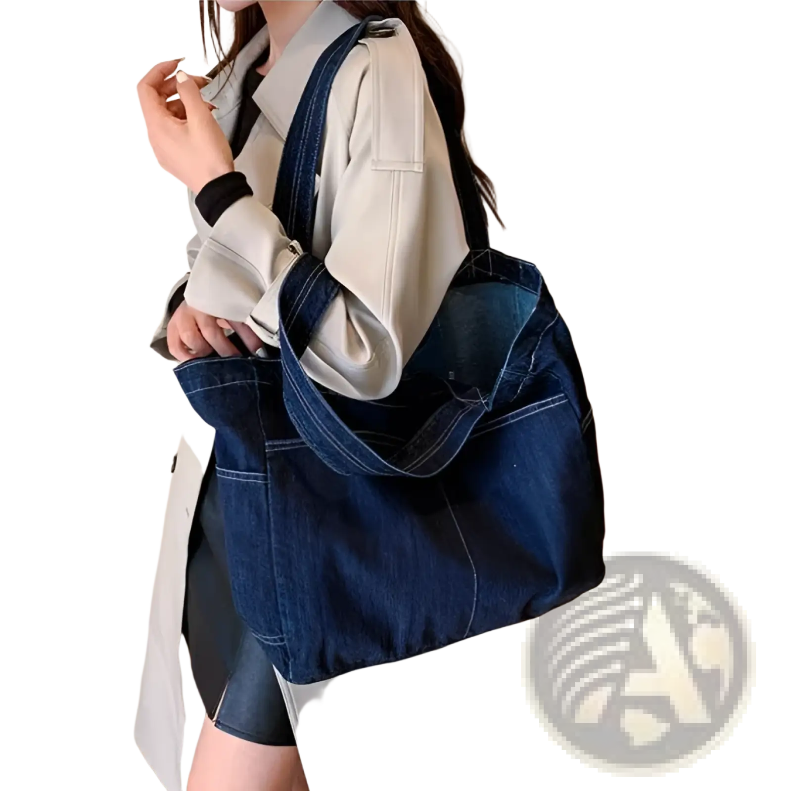 A deep blue denim tote bag with sturdy straps and visible stitching large capacity alma latina shoulder bag
