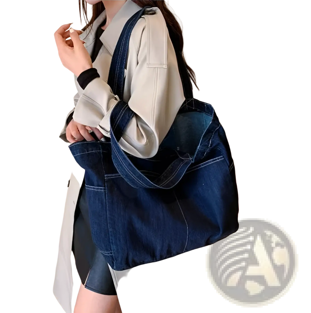 A deep blue denim tote bag with sturdy straps and visible stitching large capacity alma latina shoulder bag