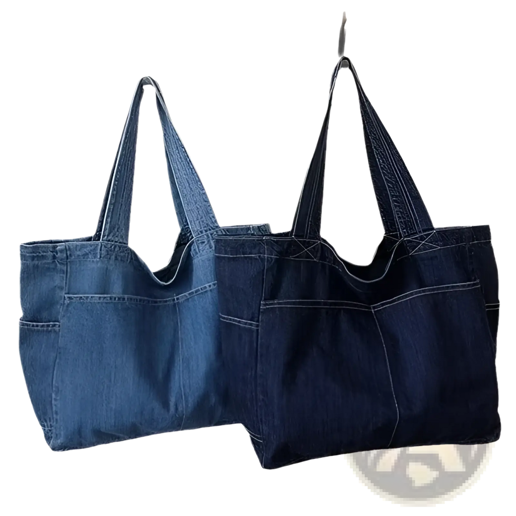 Two denim tote bags in medium blue and dark indigo with sturdy handles and visible stitching for large capacity use