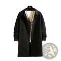 Black denim trench coat for men with classic collar and front button closure hanging on a hanger