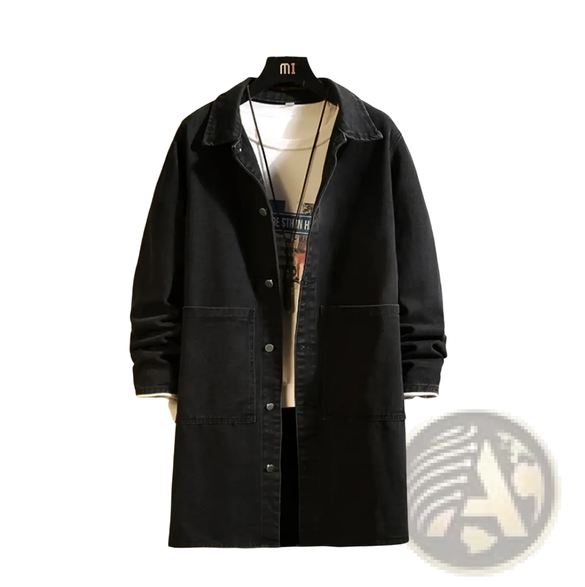 Black denim trench coat for men with classic collar and front button closure hanging on a hanger