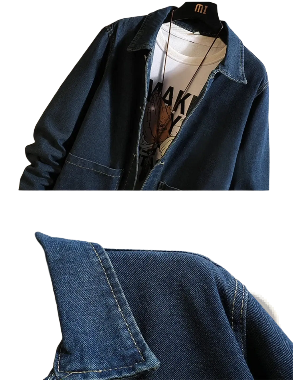Dark blue denim trench coat for men with classic collar and visible stitching details for spring casual wear