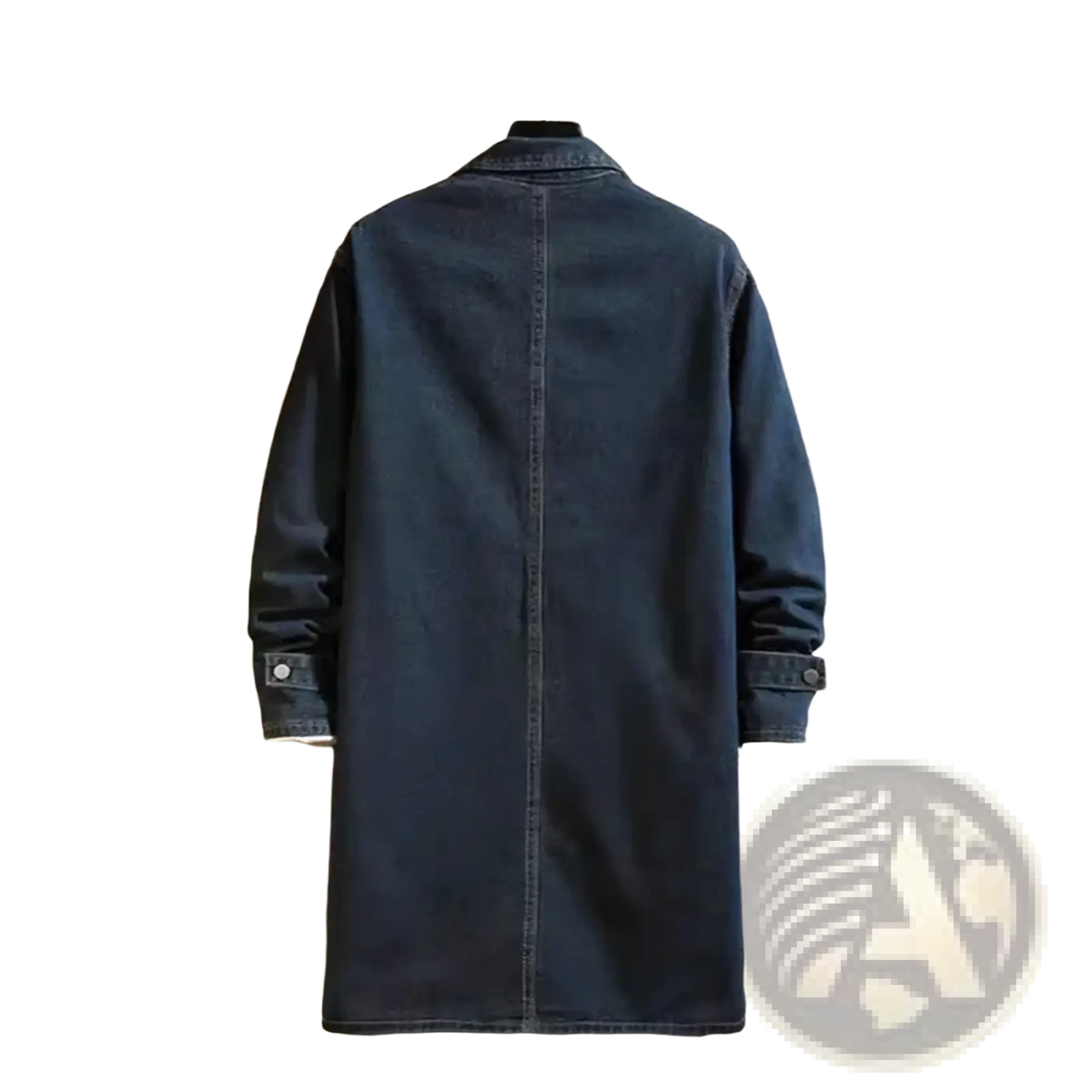 Dark blue denim trench coat for men with classic collar and buttoned cuffs perfect for spring casual wear