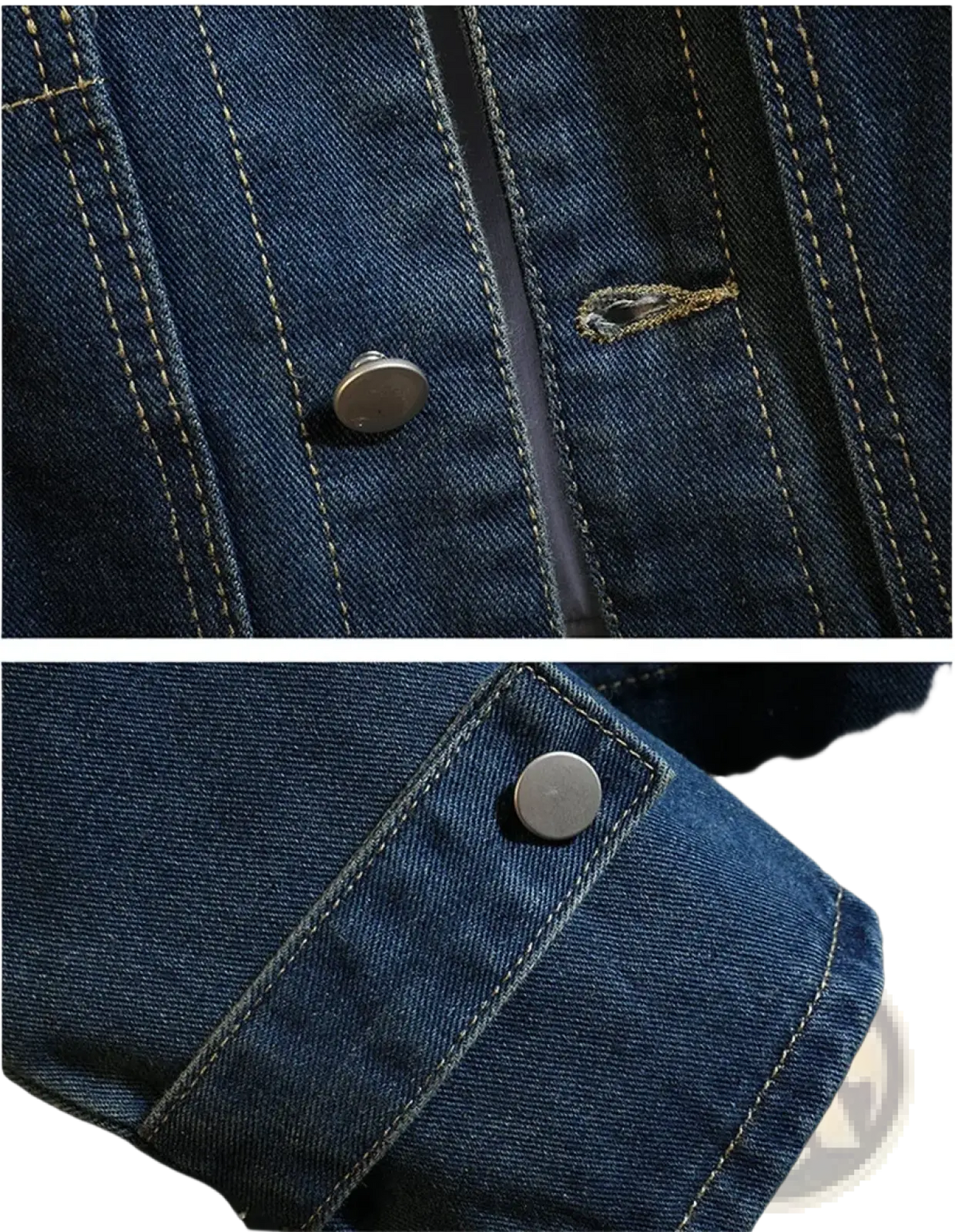 Dark blue denim trench coat for men with silver metal buttons and yellow stitching perfect for spring casual wear
