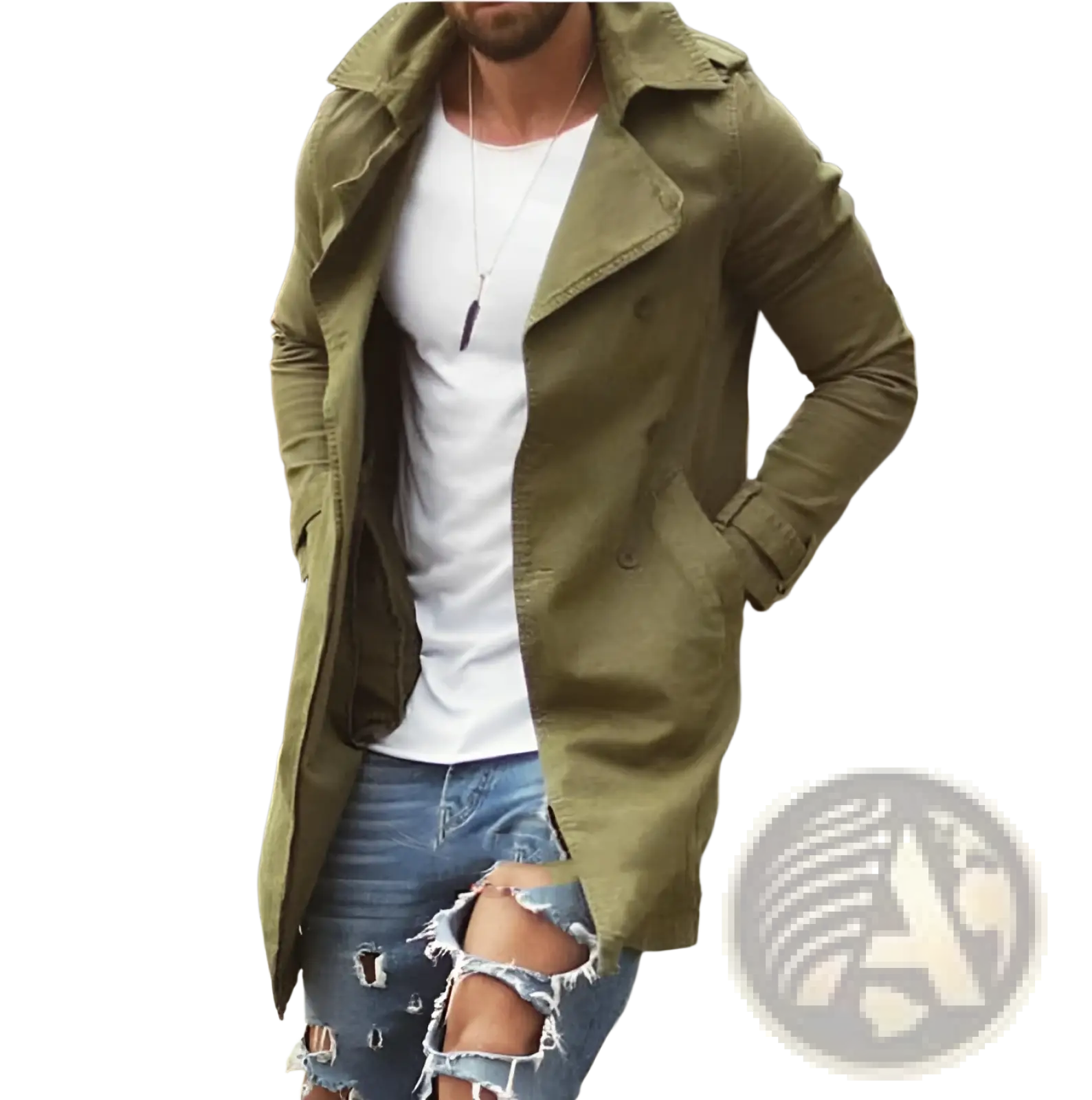 Olive green denim trench coat slim fit plus size mid length with classic double-breasted design and worn texture