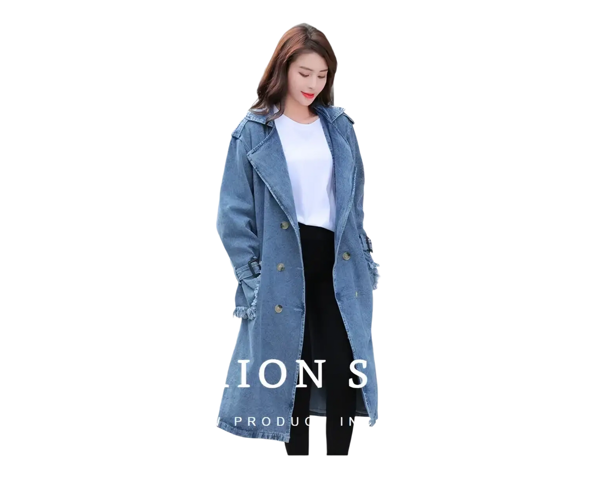 Blue denim trench coat women maxi belted with frayed hem and cuffs suitable for autumn y2k fashion